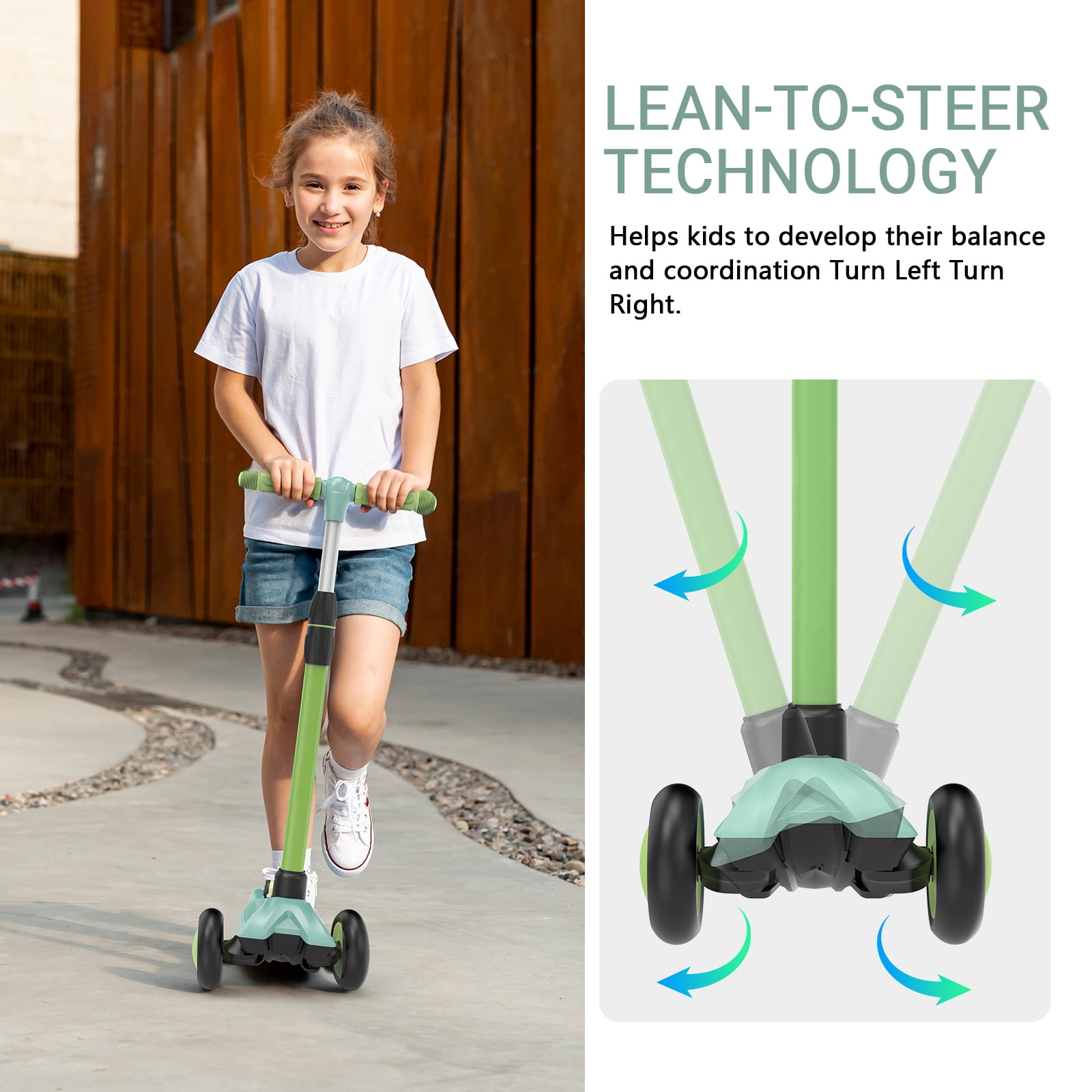 Spptty Kids Kick Scooter with 3 LED Lighted Wheels, Adjustable Height Handlebars, Lean-to-Steer, Foldable Design (Green, 8 lb) 9rnb7