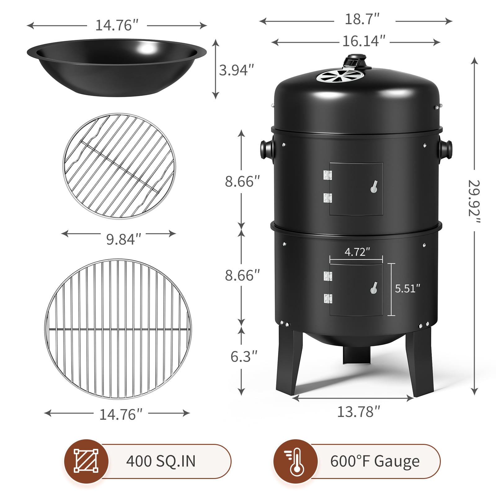 KingChii 3-in-1 Vertical Charcoal Smoker Grill (Black, 20.5 in x 16 in x 32 in) 356yc
