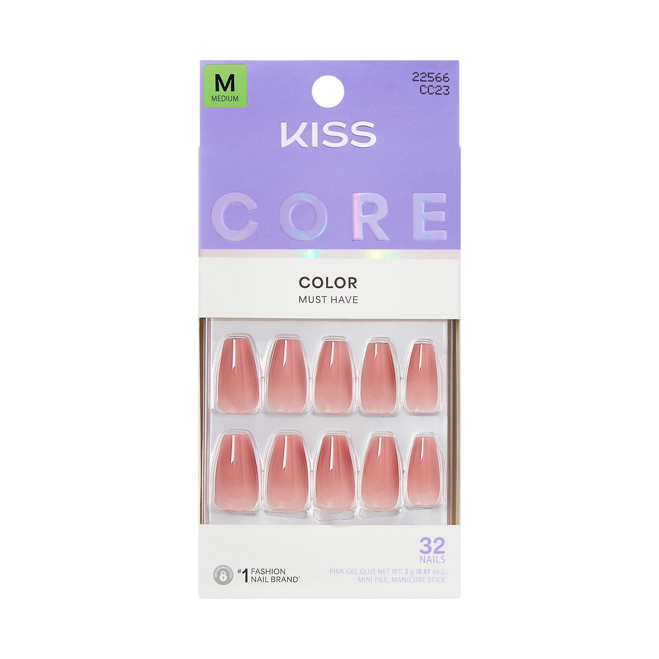 Kiss Core Color Press-On Nails, Medium Coffin Shape, Long-Lasting Durable Finish (Pink, 32 Pieces) jst28