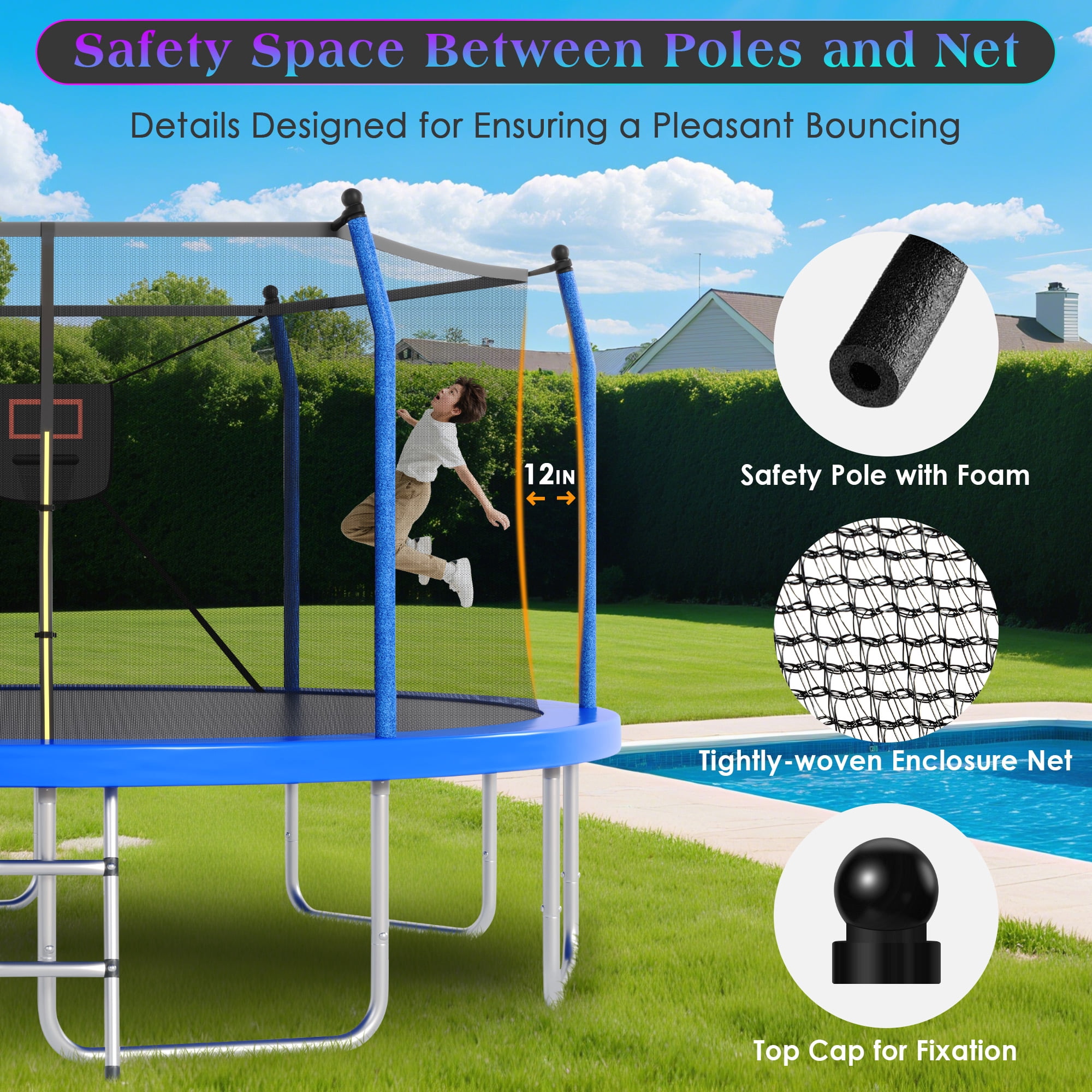 Euroco 14ft Outdoor Round Trampoline with LED Lights, Basketball Hoop, Enclosure Net & Ladder (Blue, 14 ft) 9qv5v
