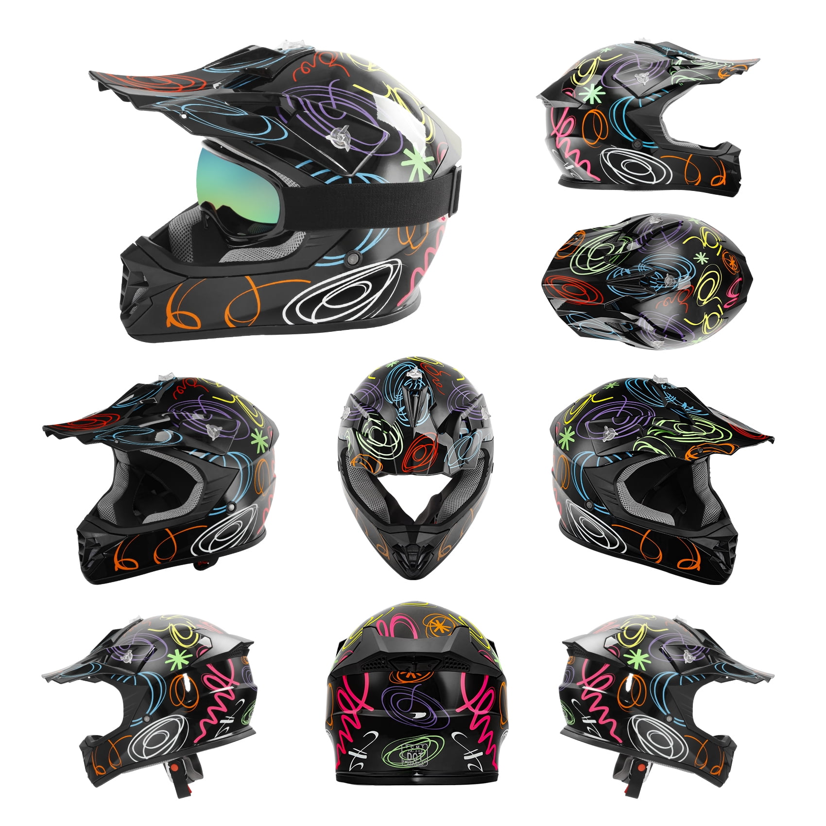 TCMT Kids Dirt Bike Helmet with Goggles and Gloves (Black Graffiti, Youth Small) 961ah