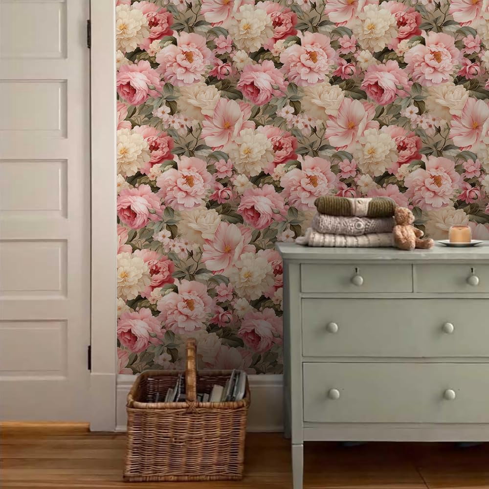 Usachibb Vintage Peony Floral Peel and Stick Wallpaper, Self-Adhesive Removable Wall Decor (Pink, 17.7 in x 118.1 in) qsd65