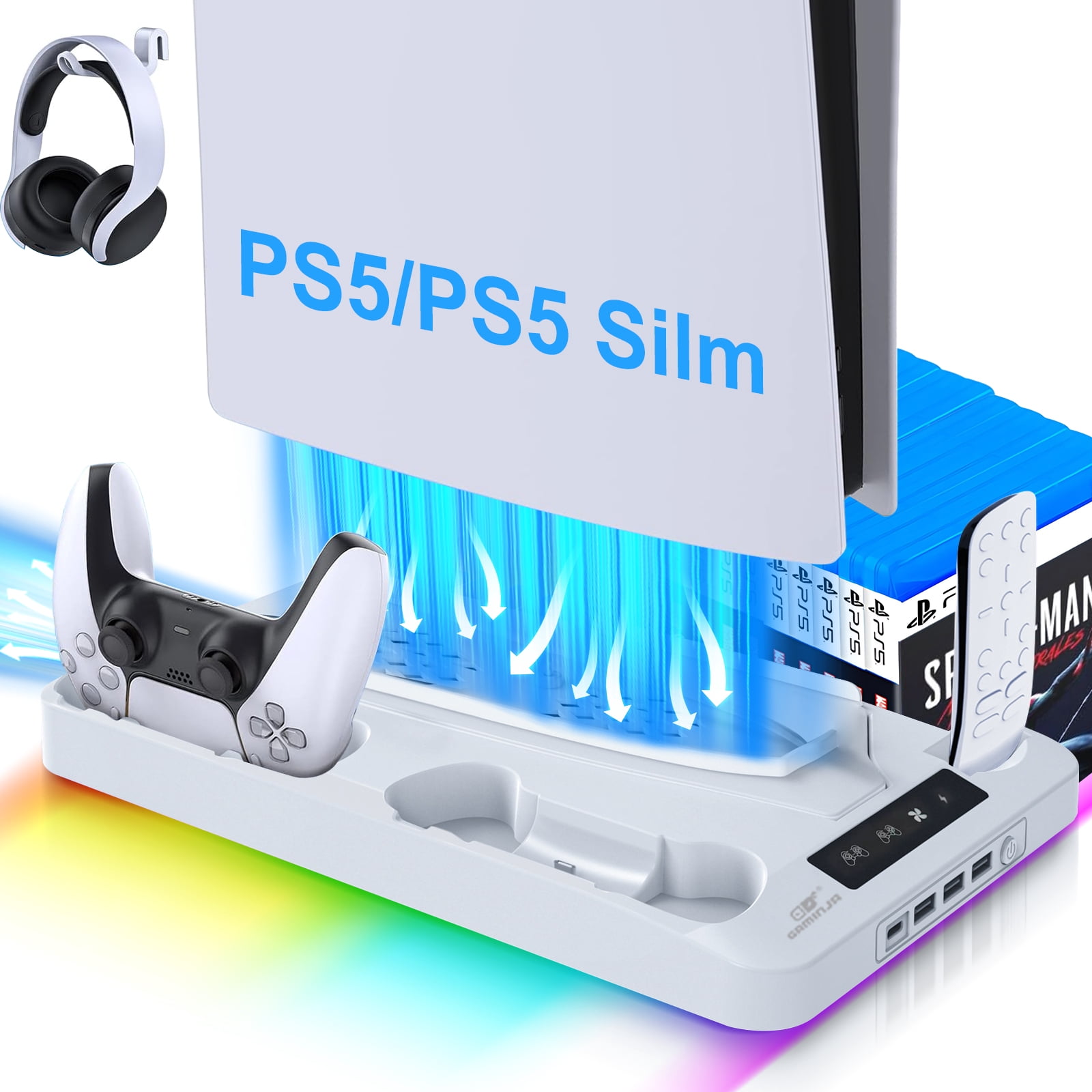 Pecham Vertical Cooling Stand for PS5 and PS5 Slim with Dual Controller Charger and RGB Lighting (White, 12.99 in x 8.11 in x 1.46 in) dh84o