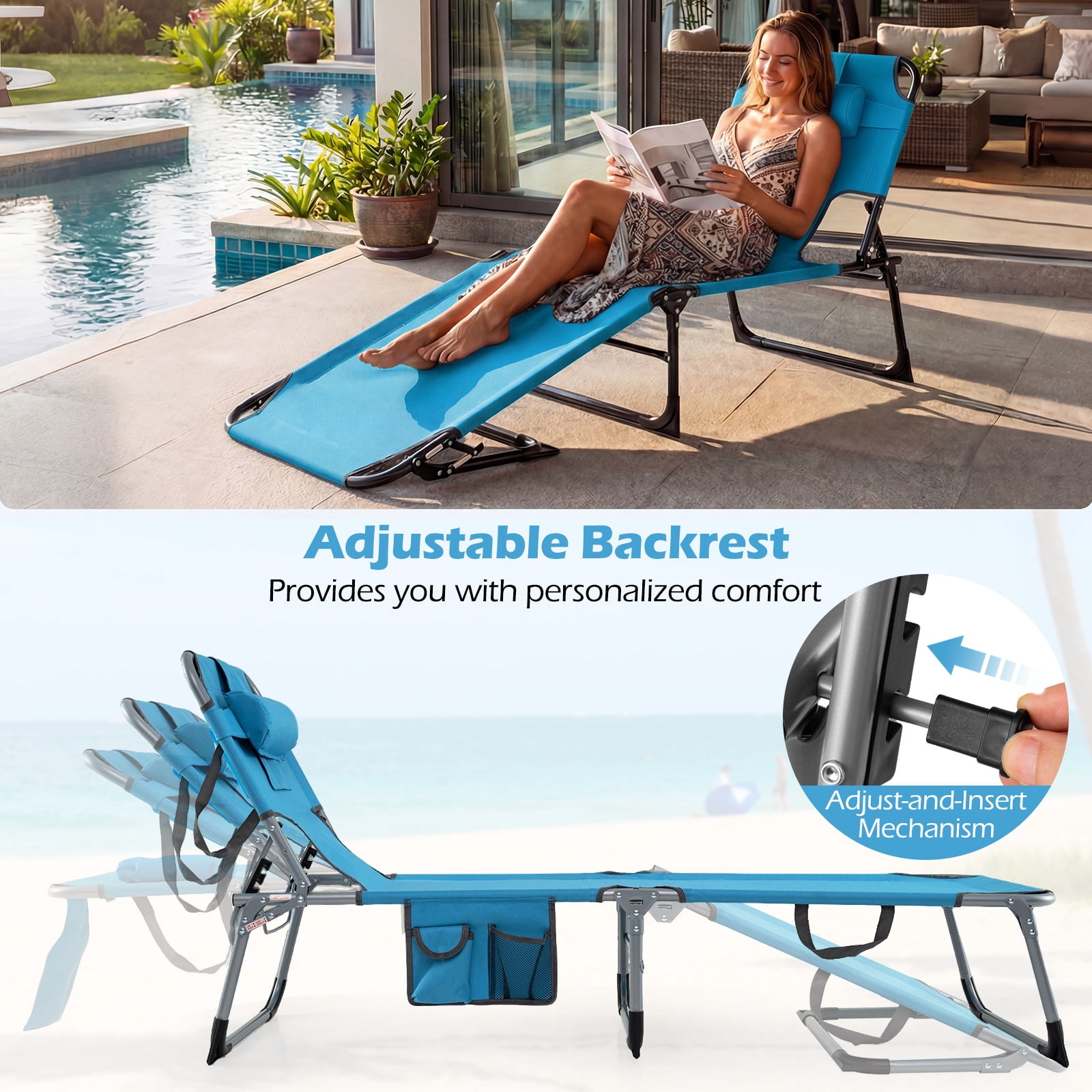 Gymax Folding Tanning Beach Chair with Face and Arm Holes, Adjustable Backrest (Blue) wdoa0