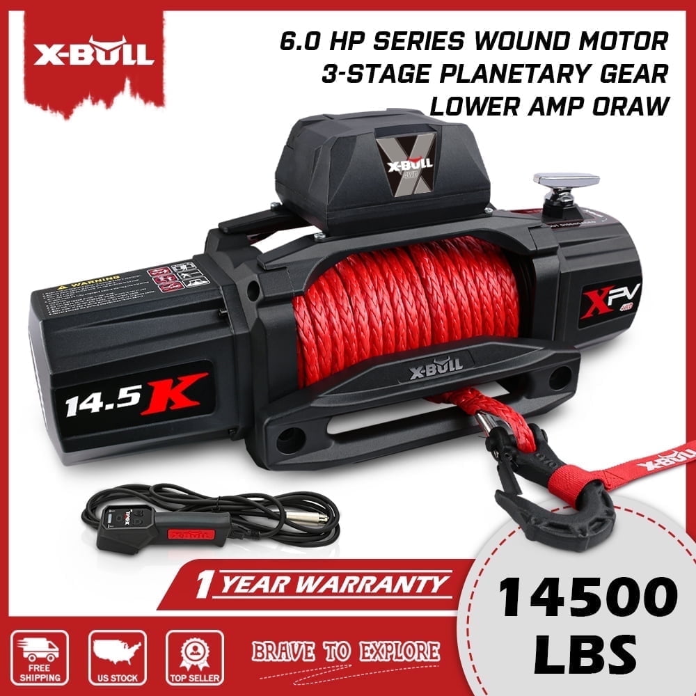 X-BULL Electric Winch XPV 14500 lb 12V Synthetic Rope Off-Road Recovery System (Black, 14500 lb) pqkvu