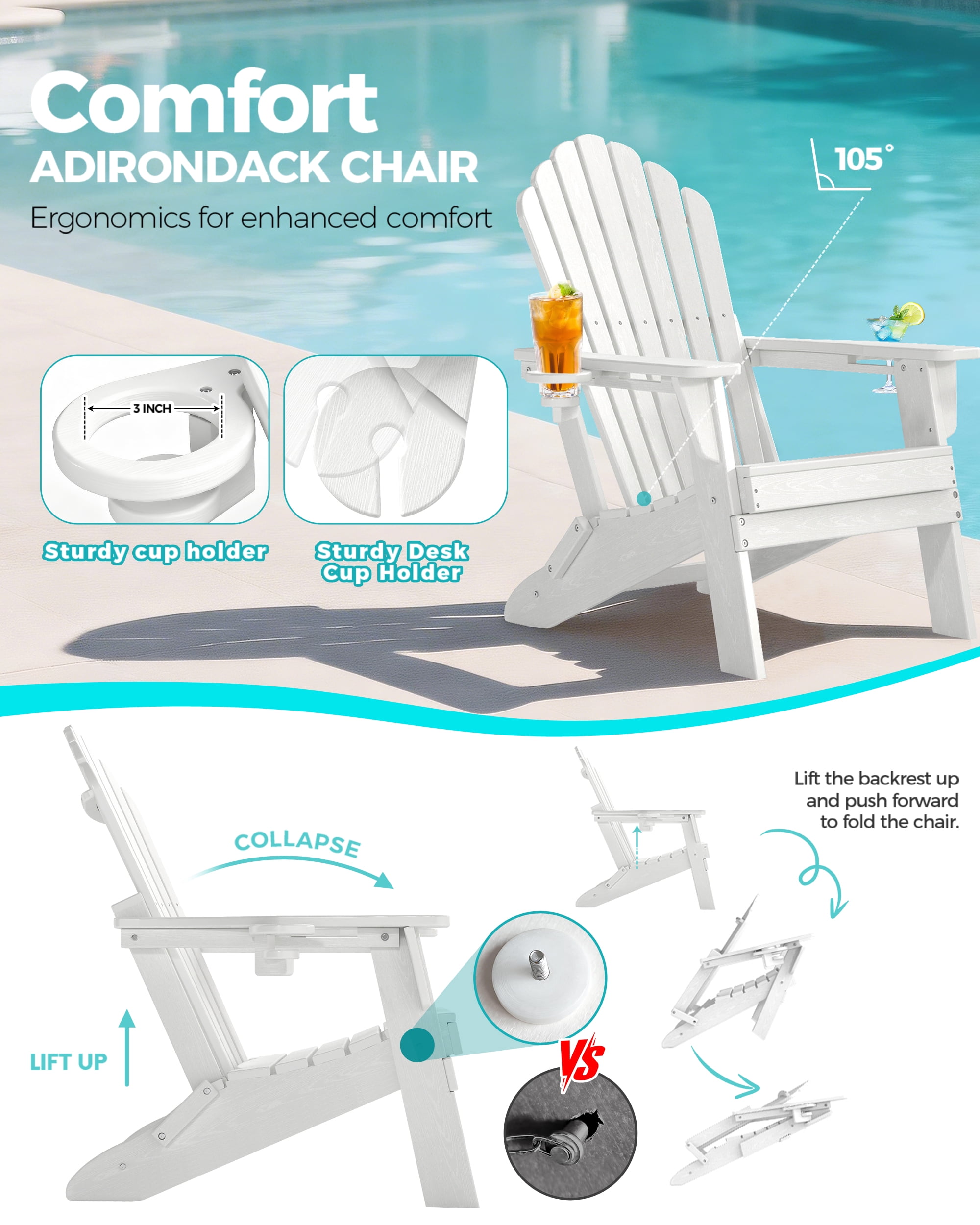 Cobiod Oversized Folding Adirondack Chairs, All-Weather HDPE Patio Seating with Dual Cup Holders (White, Set of 4) lss5e