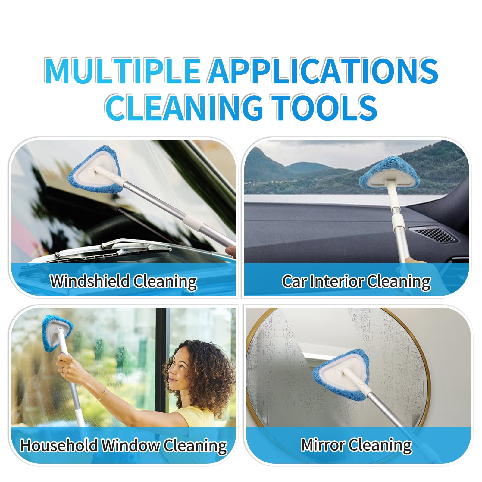 ITTAHO Car Windshield Cleaning Tool with Extendable Handle and 3 Washable Microfiber Pads (White, 19.6 in to 26 in) jzzqe