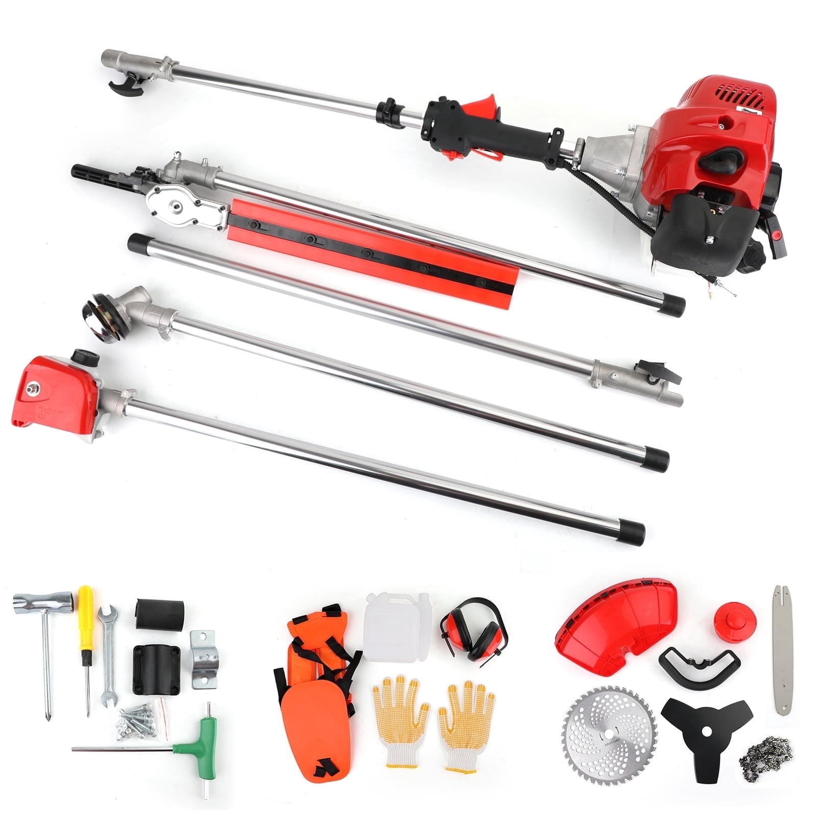 Topteng 52cc 2-Stroke 5-in-1 Gas Multi-Garden Tool Kit, Hedge Trimmer, Brush Cutter, Pole Saw, String Trimmer (Red, 14.7 lb) d8r5i