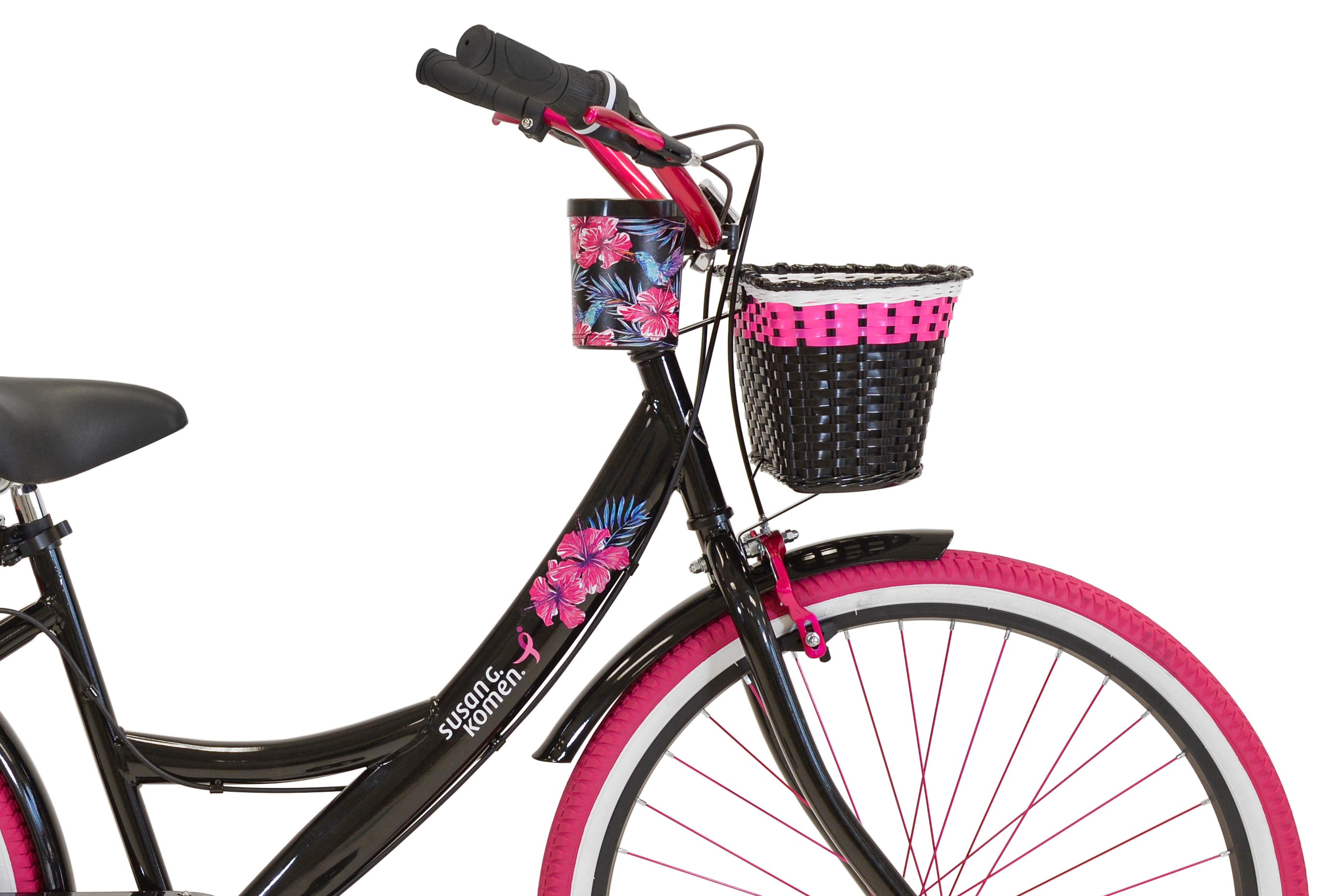Kent Bicycles 26 in Susan G. Komen Cruiser Bike, Adult Comfort Bicycle with Basket (Black and Pink, 26 in) s81hx