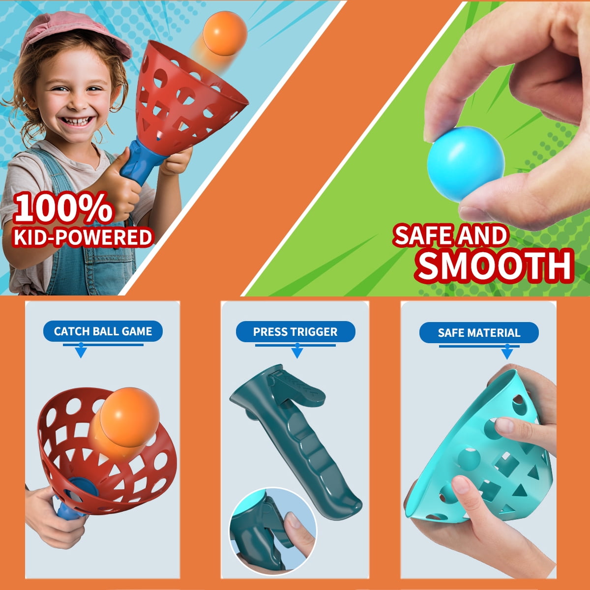 Lucky Doug Pop and Catch Ball Game Set for Kids Outdoor Sports Activity (Blue, 4 Launchers and 20 Balls) 2durl