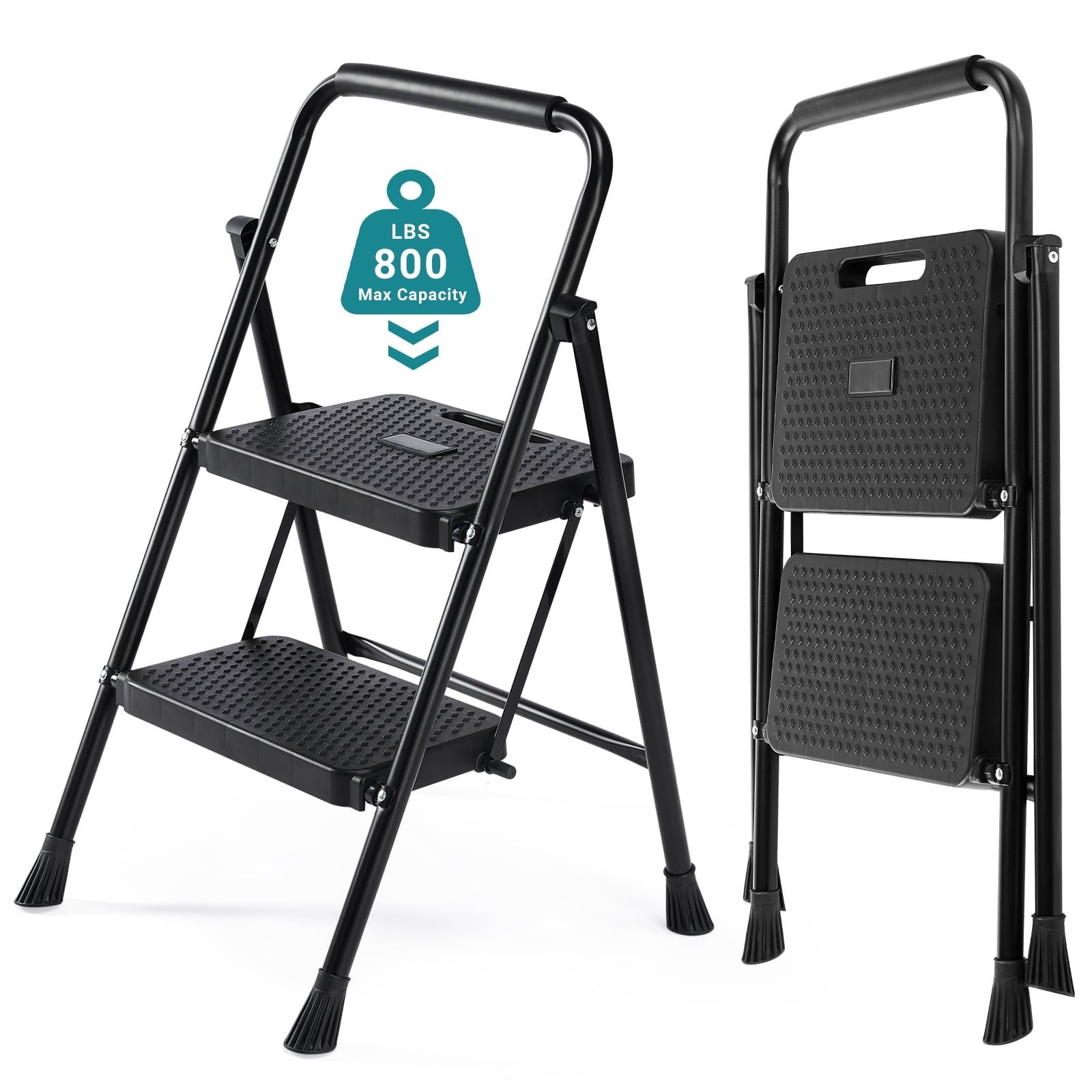 edx 2-Step Folding Ladder, Heavy-Duty Portable Step Stool with Anti-Slip Pedals (Black, 800 lb Capacity) 77dk3