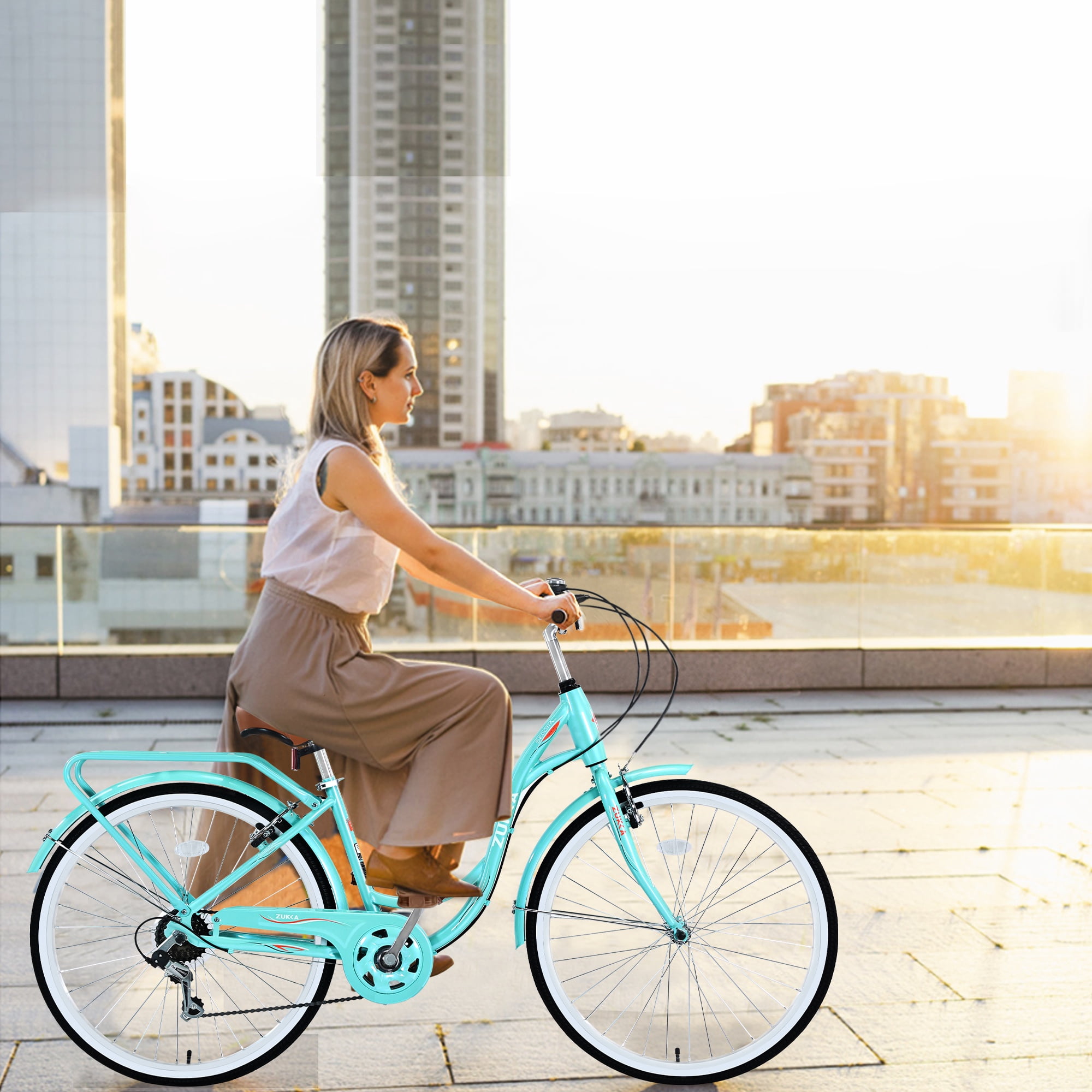 iYofe 24-inch Womens Commuter Bike, 7-Speed Cruiser Bicycle with Rear Seat and V-Brakes (Cyan, 24-inch) 5ut8f