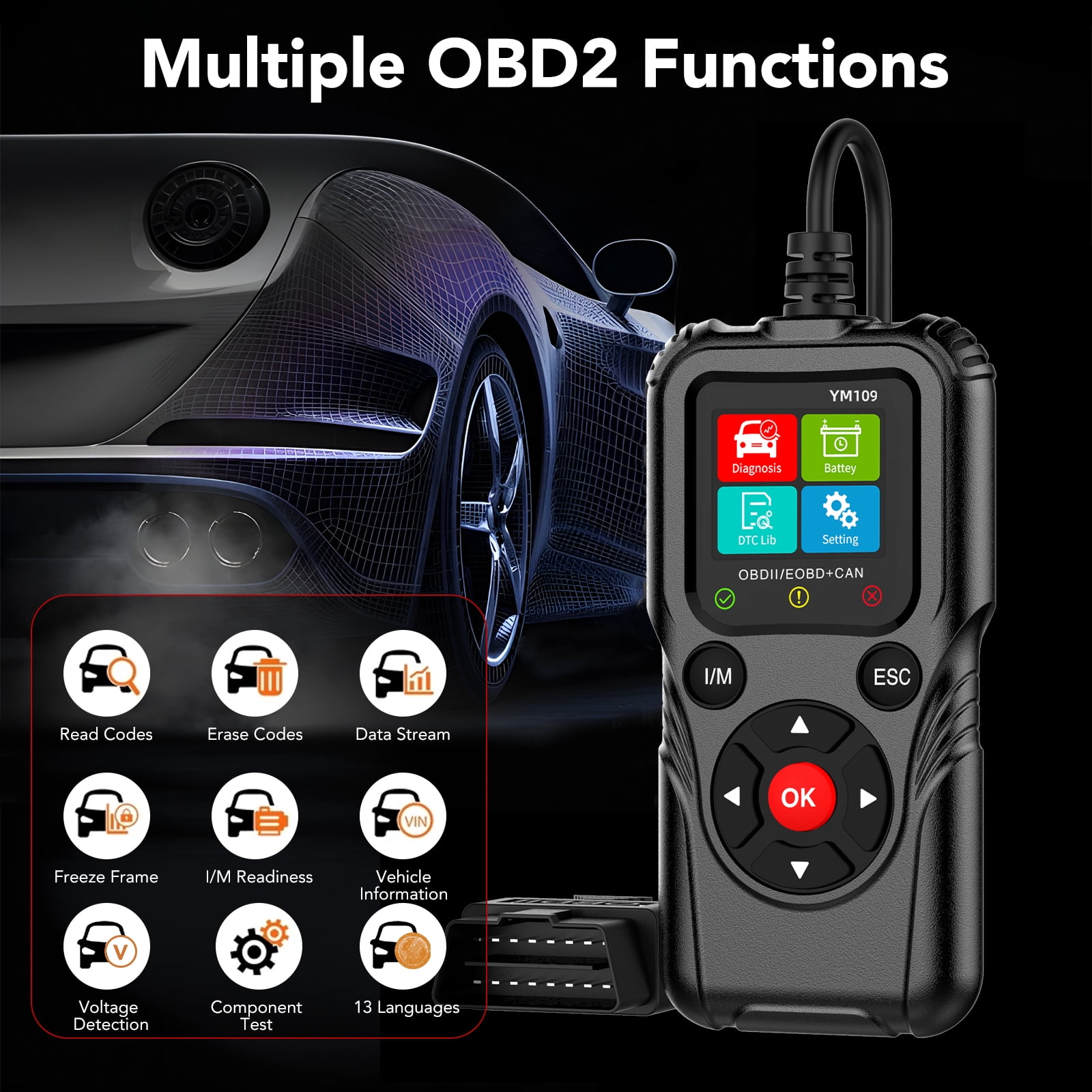 KT1 OBD2 Scanner Car Code Reader Diagnostic Tool for Check Engine Light (Black, 2.8 in Display) k5zb7