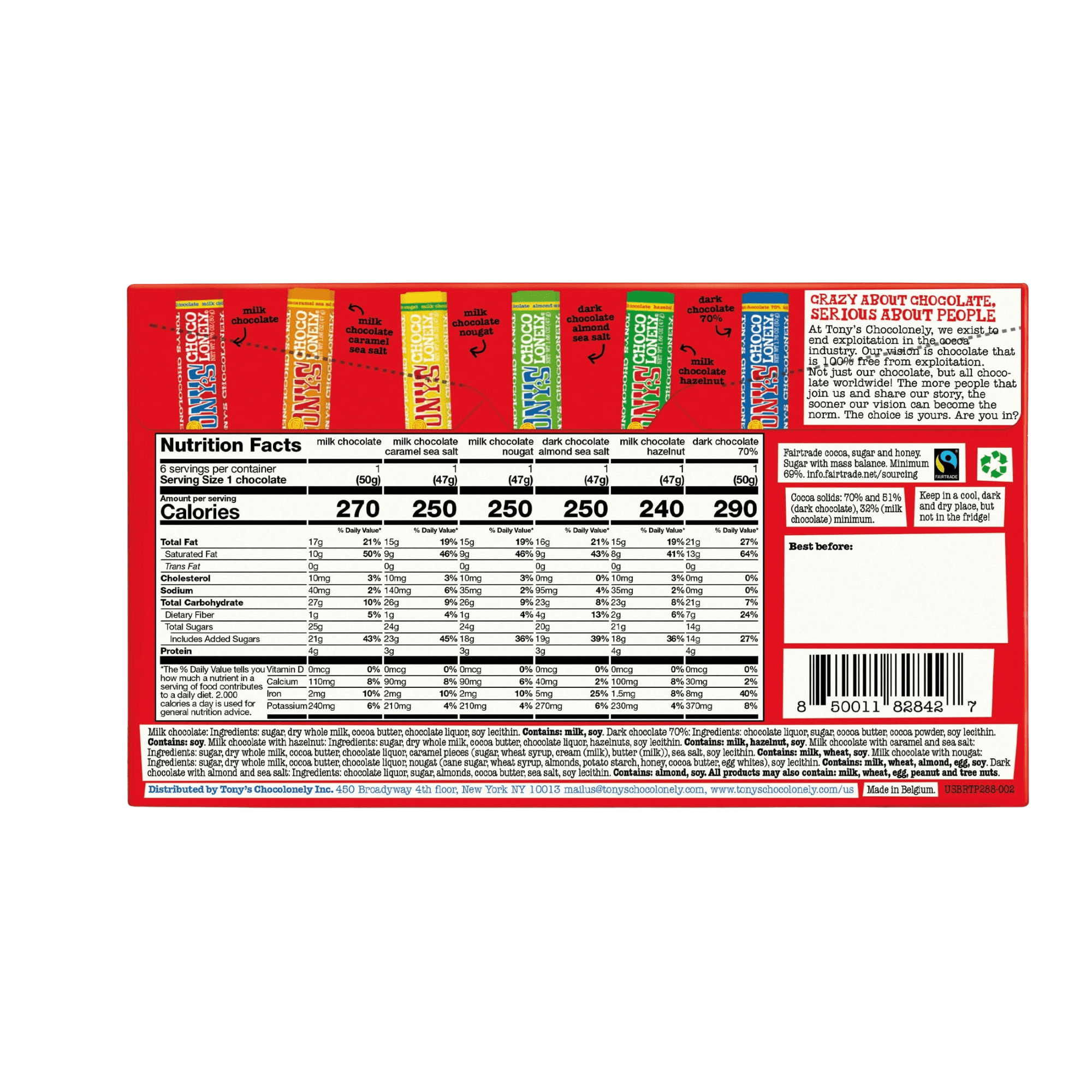 Tony's Chocolonely Chocolate Bar Variety Pack, Fairtrade Certified Cocoa (6 Bars, 1.8 oz each) be800