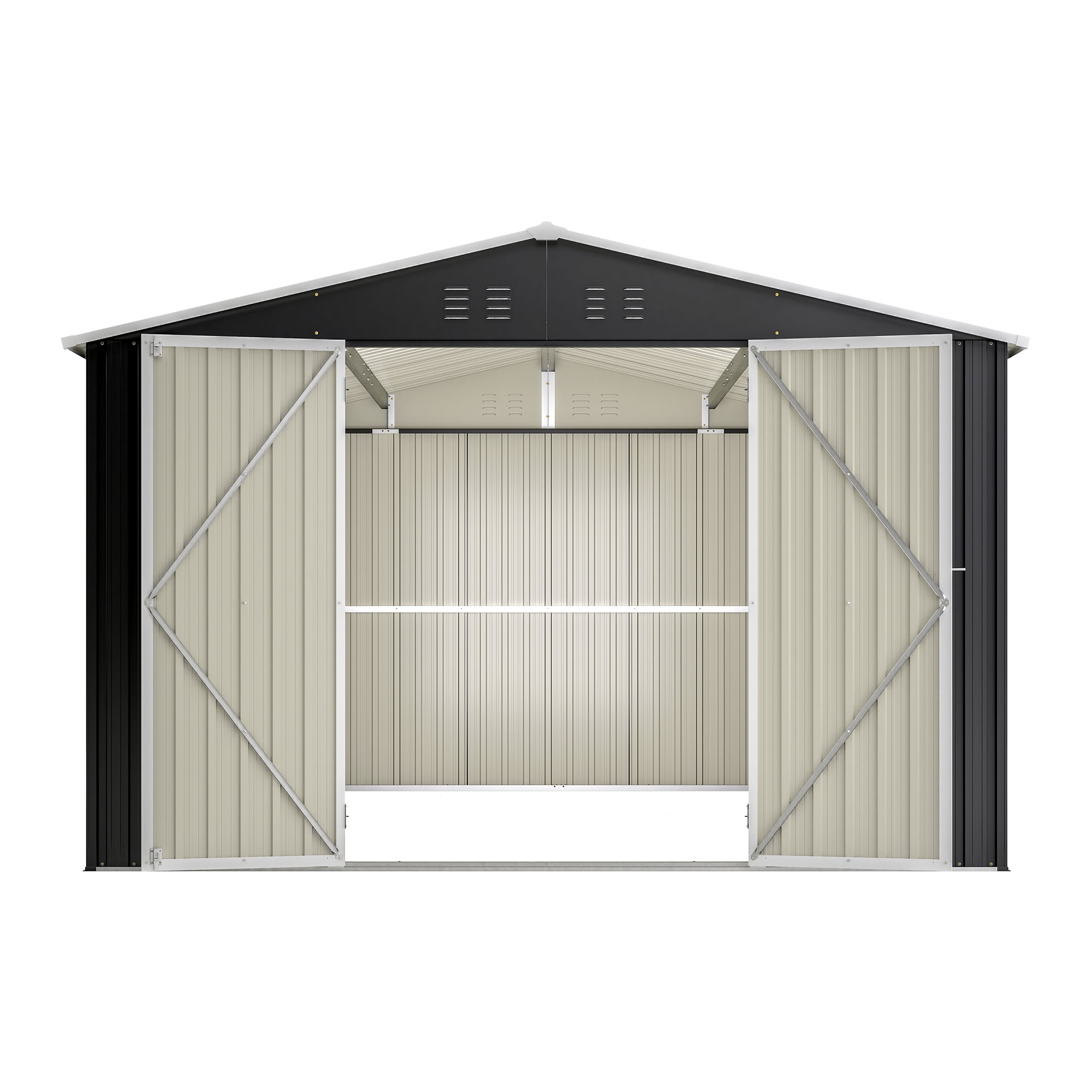 MAYEERTY Outdoor Metal Storage Shed, Galvanized Steel Tool Organizer with Sloped Roof and Lockable Doors (Black, 8 ft x 8 ft) yfgkq