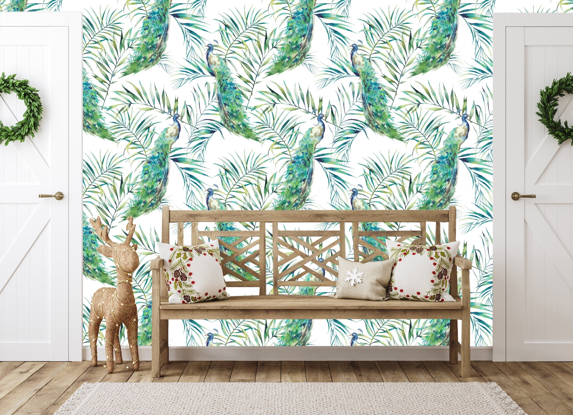 MuralsPrint Peacock Peel and Stick Wallpaper, Removable Floral Wall Decor (Green, 24 in x 10 ft) erk2x