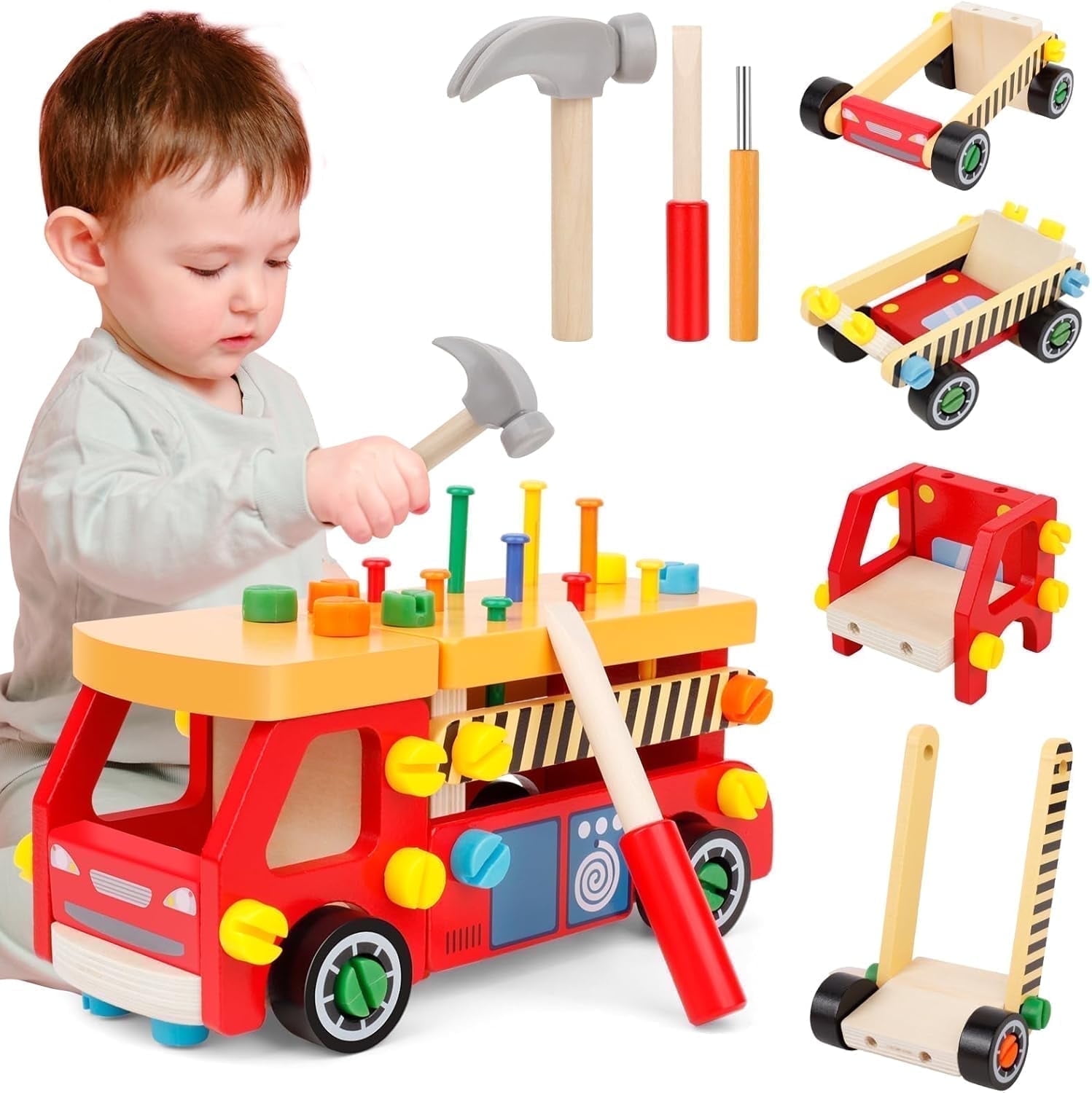 LTONLINE Wooden Toddler Tool Bench Montessori Construction Set (62 Pieces) u6r7m