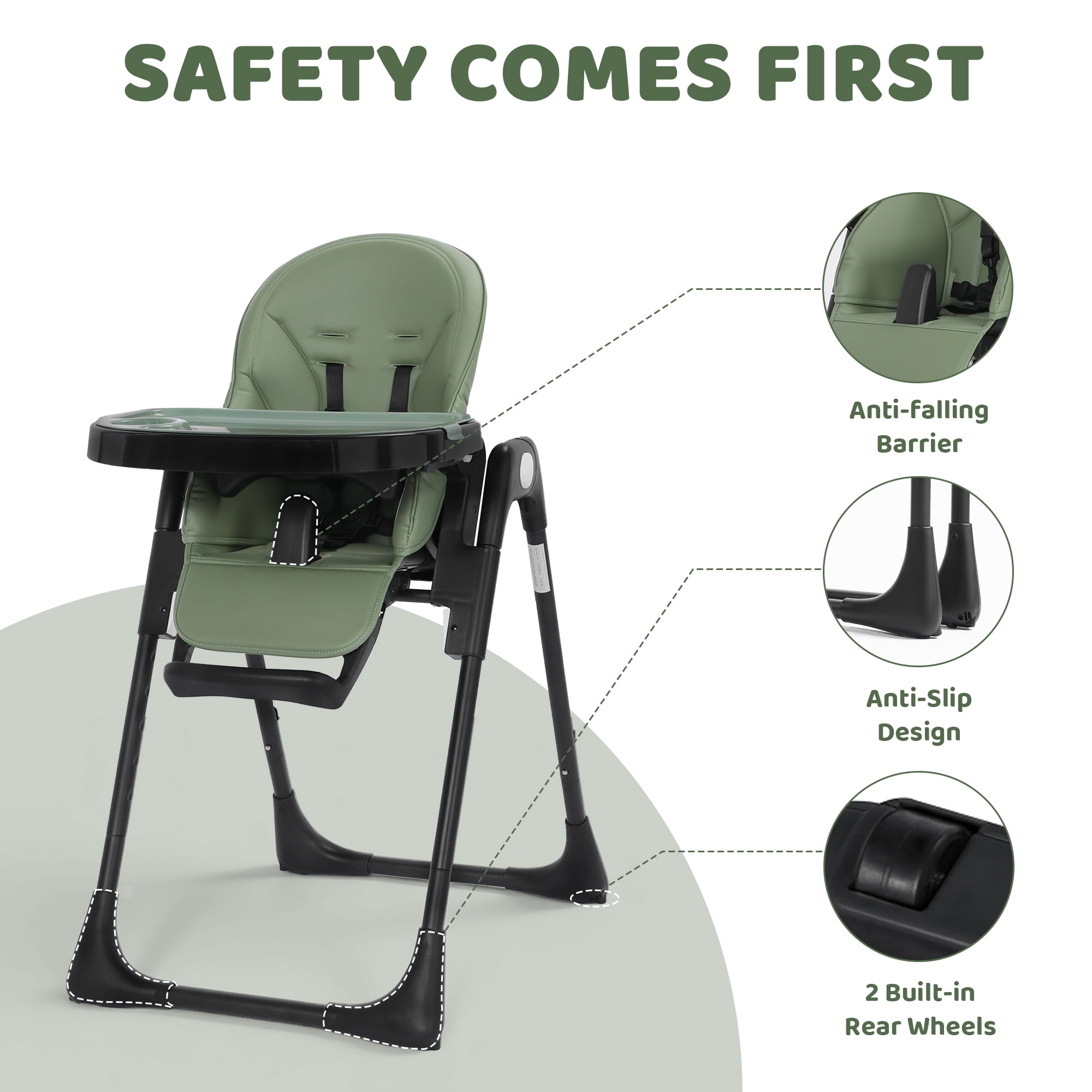 AILEEKISS Foldable Baby High Chair with Detachable Double Trays and Adjustable Recline (Green) xfin6