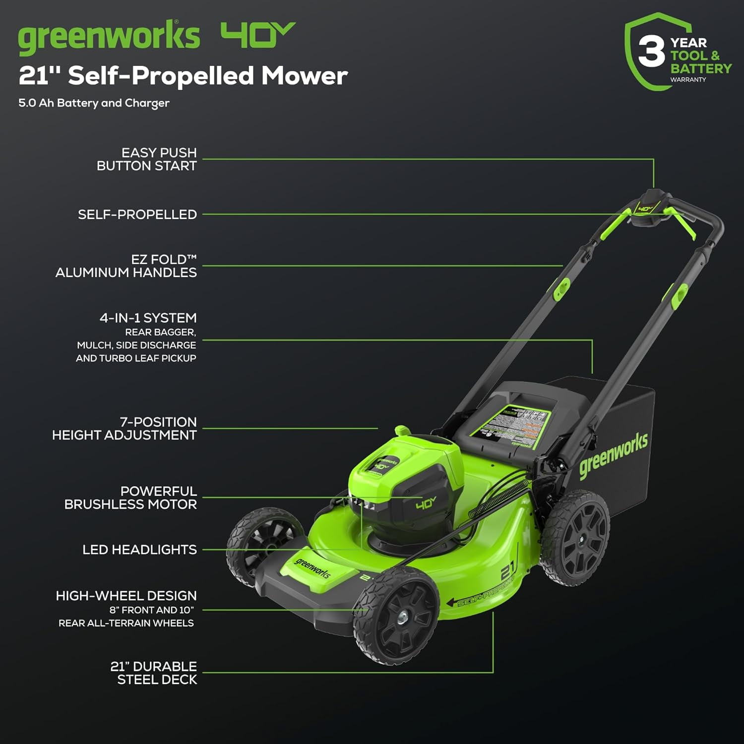Greenworks 40V 21 in Brushless Cordless Self-Propelled Lawn Mower (LED Headlight, 5.0Ah Battery and Charger Included) mjuj8
