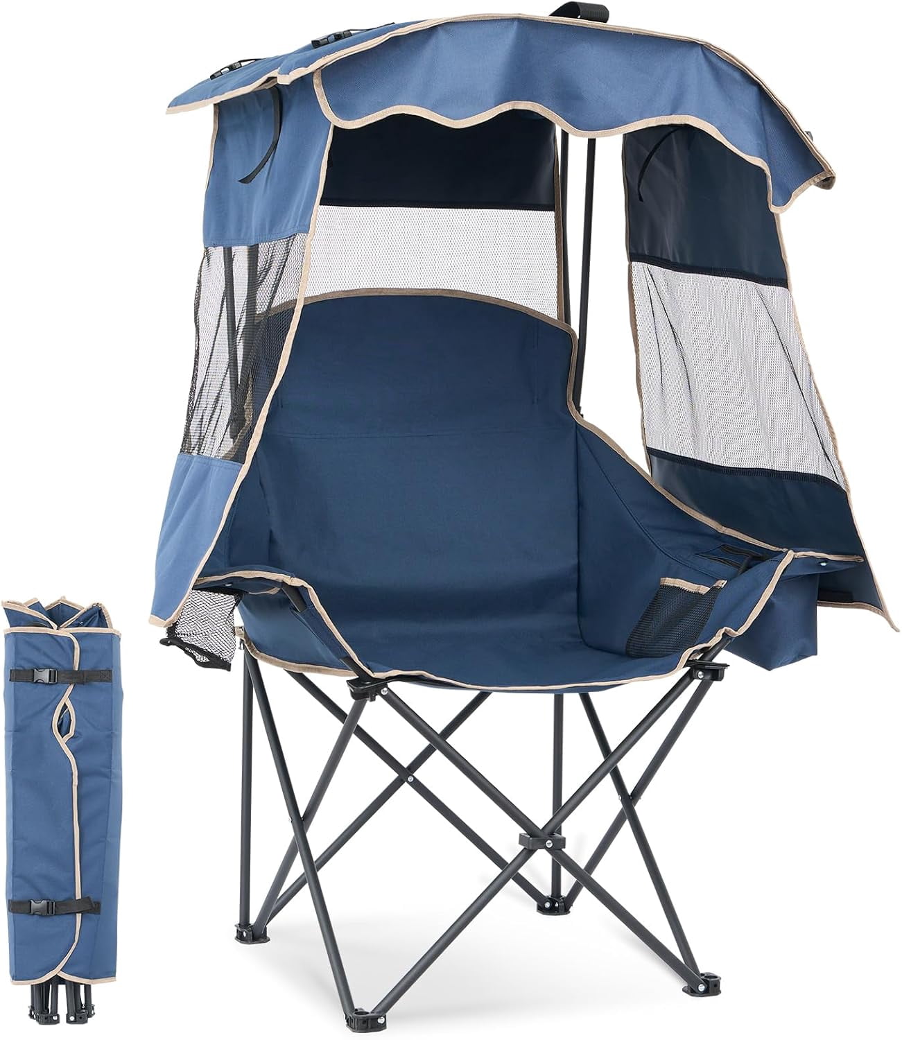 ABORON Camping Chair with Canopy, Folding Portable Beach Lounge Chair with Cooler Bag and Cup Holder (Blue, One Size) 3gkl5
