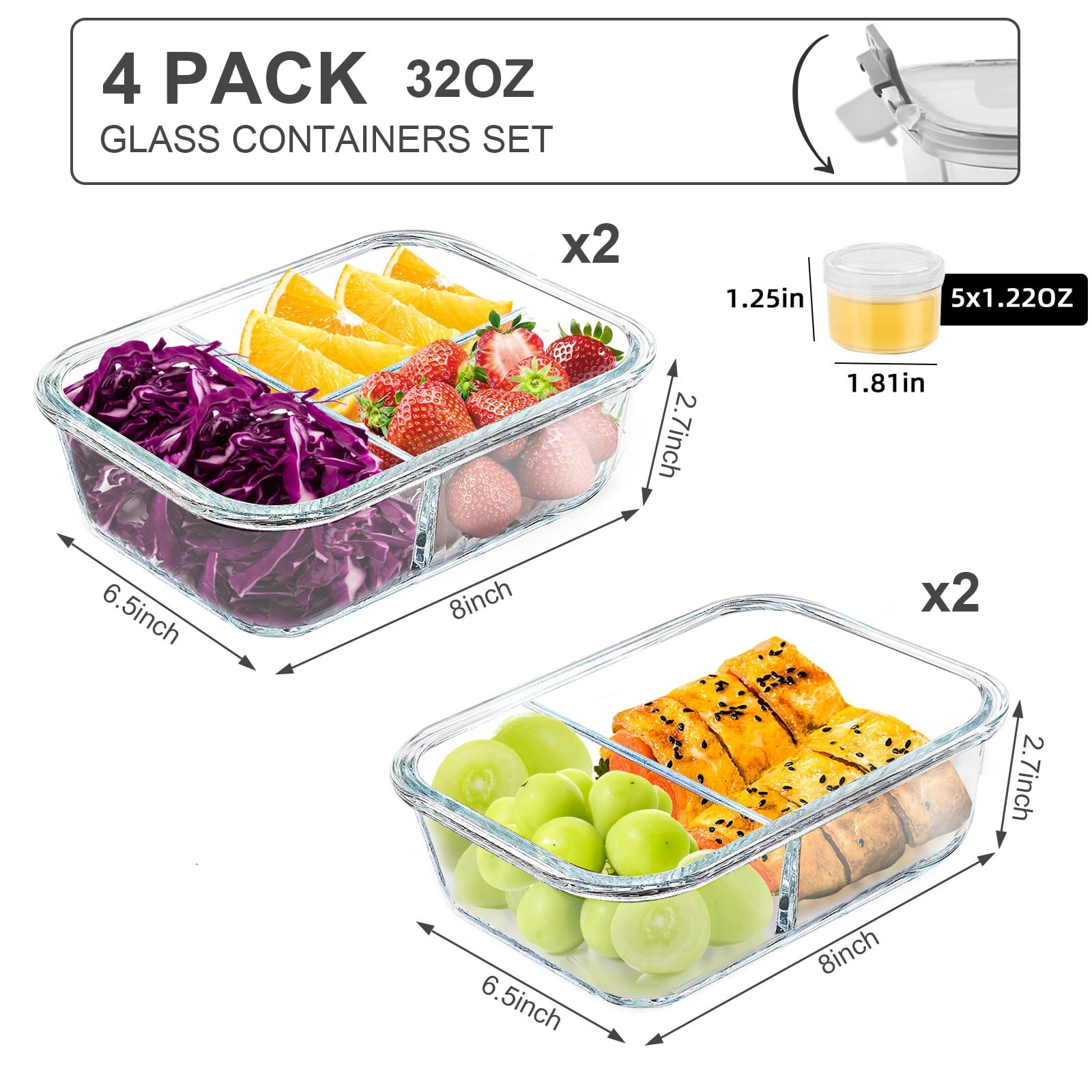 Taimasi Glass Food Storage Containers, Airtight Meal Prep Set with Snap-Lock Lids (Grey, 4-Pack, 32 oz) 55pdq
