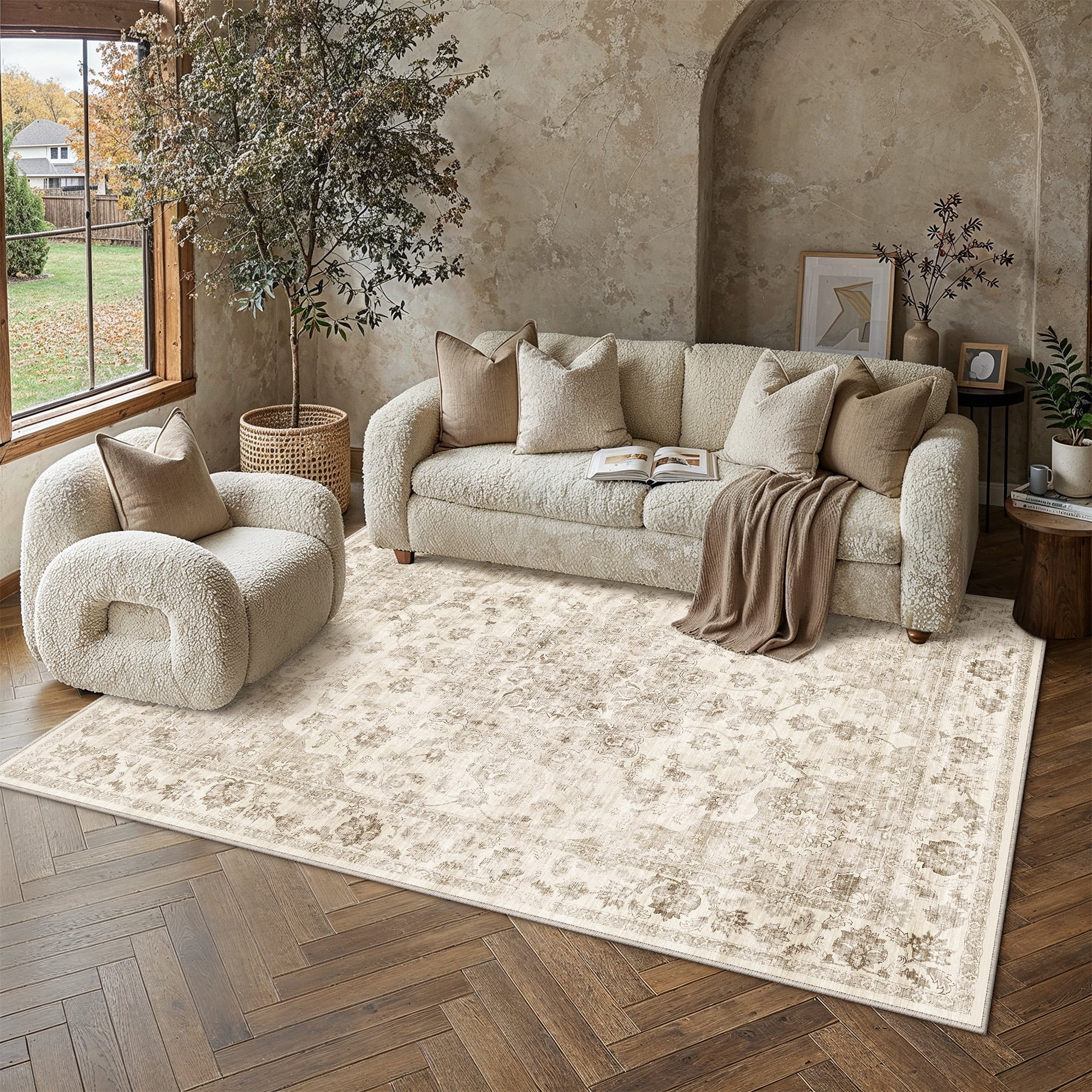 Berthmeer Vintage Oriental Area Rug, Machine Washable Non-Slip Distressed Carpet for Living Room and Bedroom (Beige, 8 ft x 10 ft) lln22