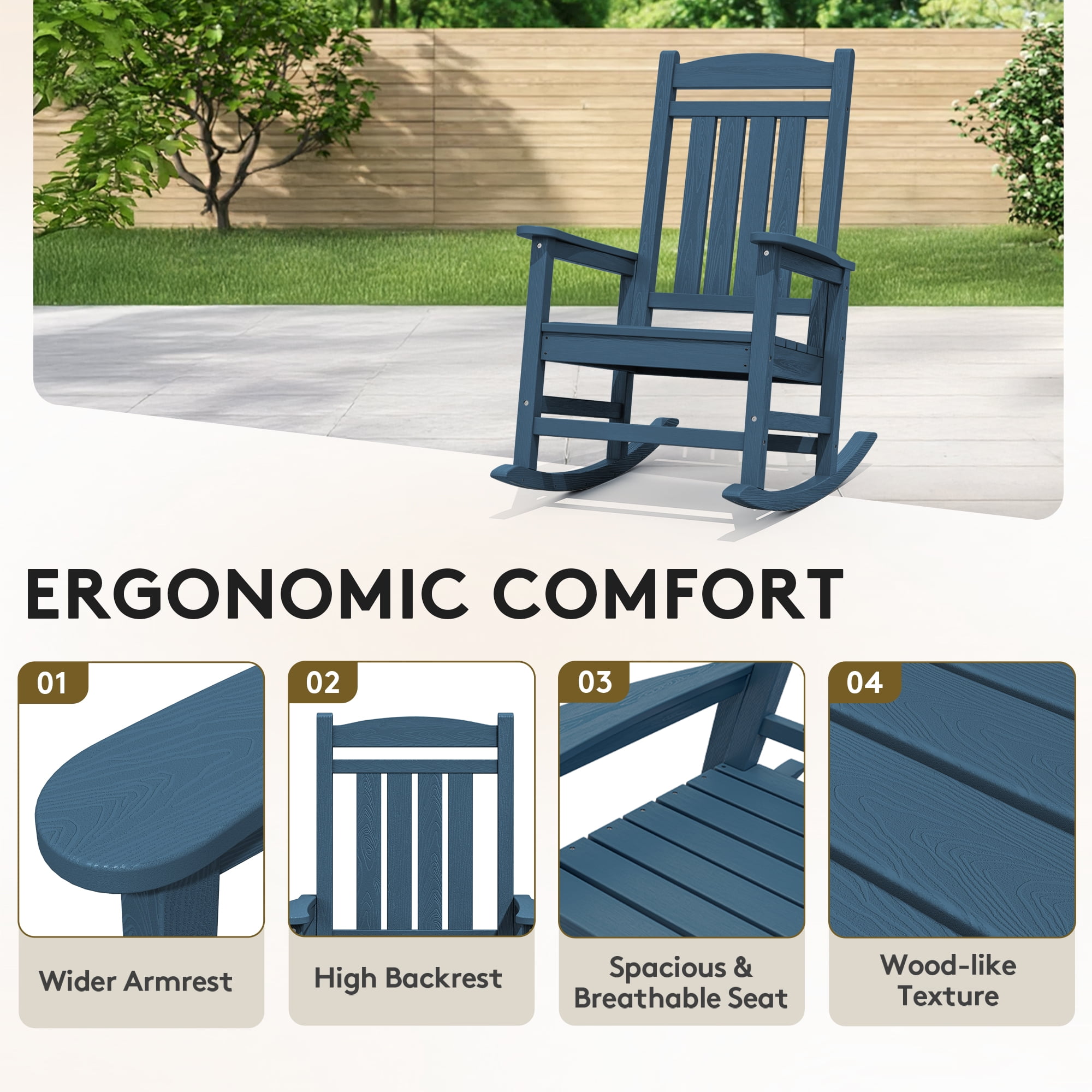 KINGYES Outdoor Rocking Chair, Weatherproof HDPE Patio Rocker for Deck Lawn Yard (Navy) evthg