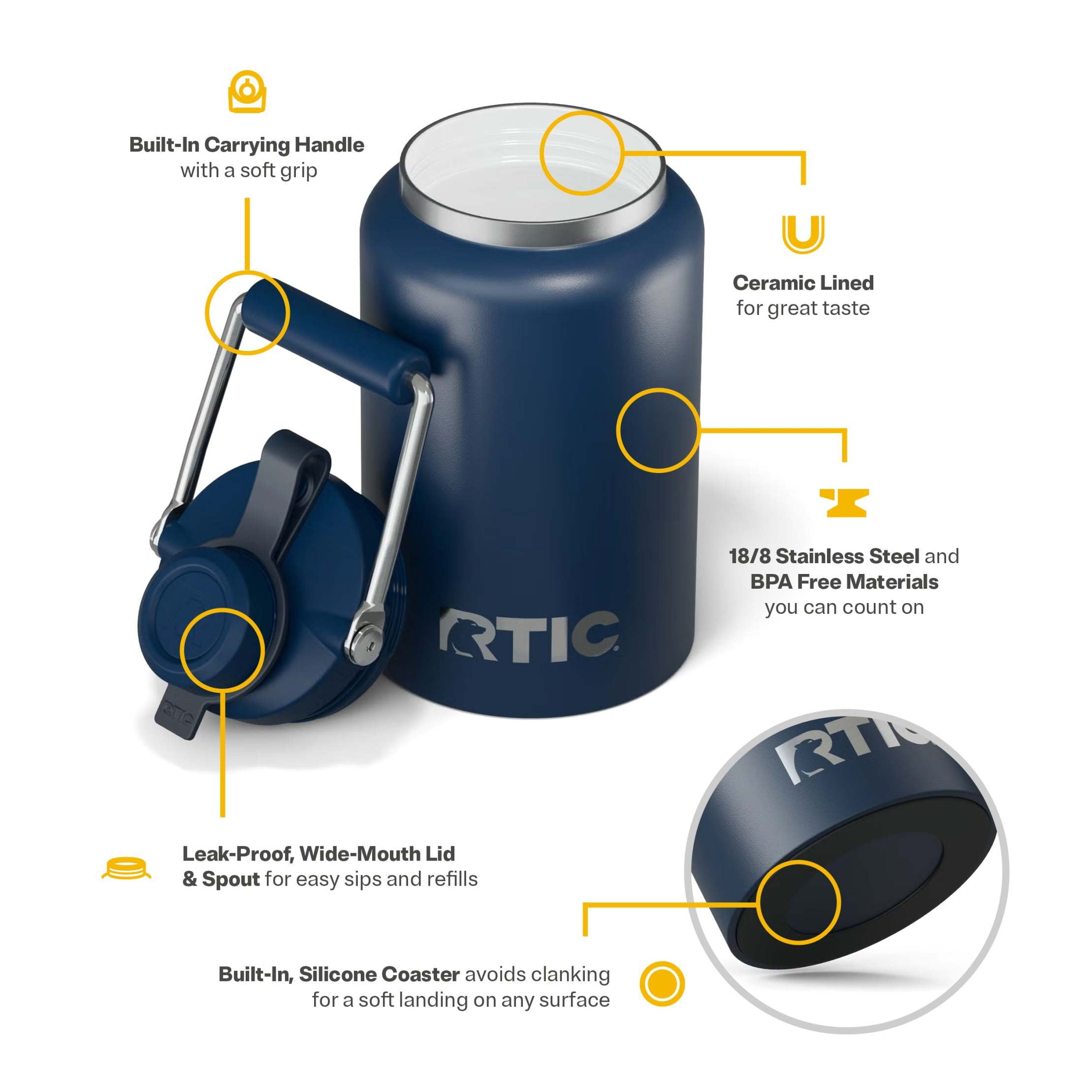 RTIC Insulated Water Jug with Ceramic Lining, Leak-Proof Stainless Steel Vacuum Insulated (Navy, 64 fl oz) os2oz