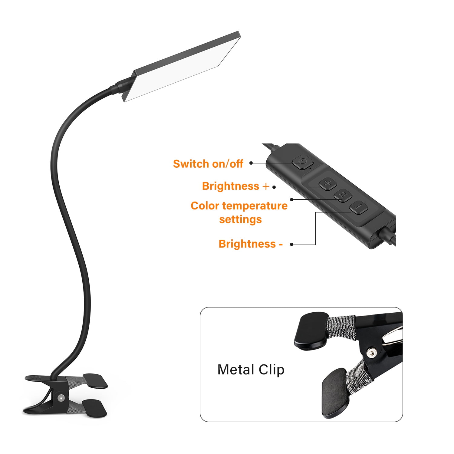 Aiibe LED Desk Lamp with Clamp, Dimmable Reading Light, 3 Color Modes & 11 Brightness Levels, Flexible Gooseneck (Black, 5W) 3kdzz