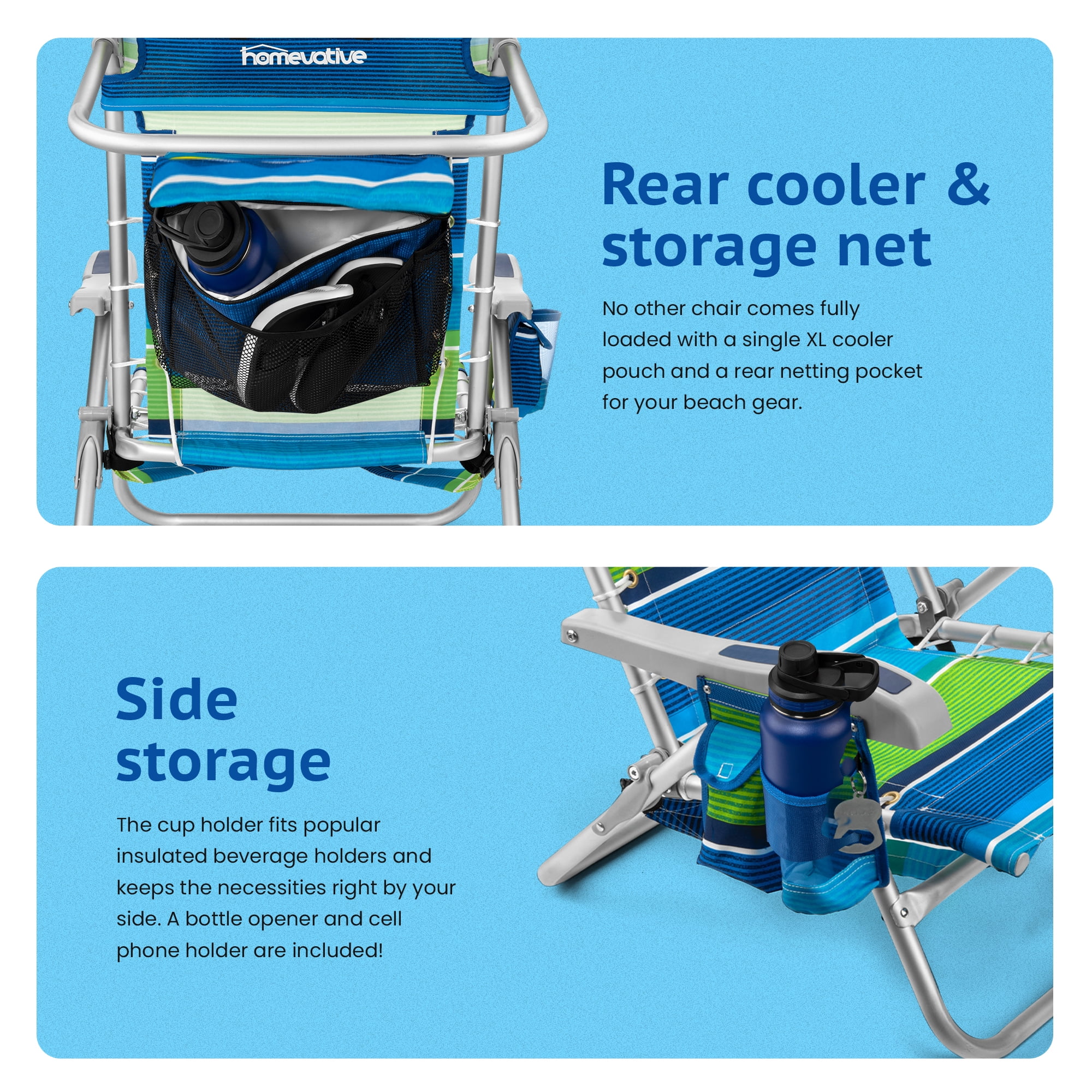 Homevative Cooler+ Folding Backpack Beach Chair, 5-Position Reclining Outdoor Seat with Storage (Blue) mds1g