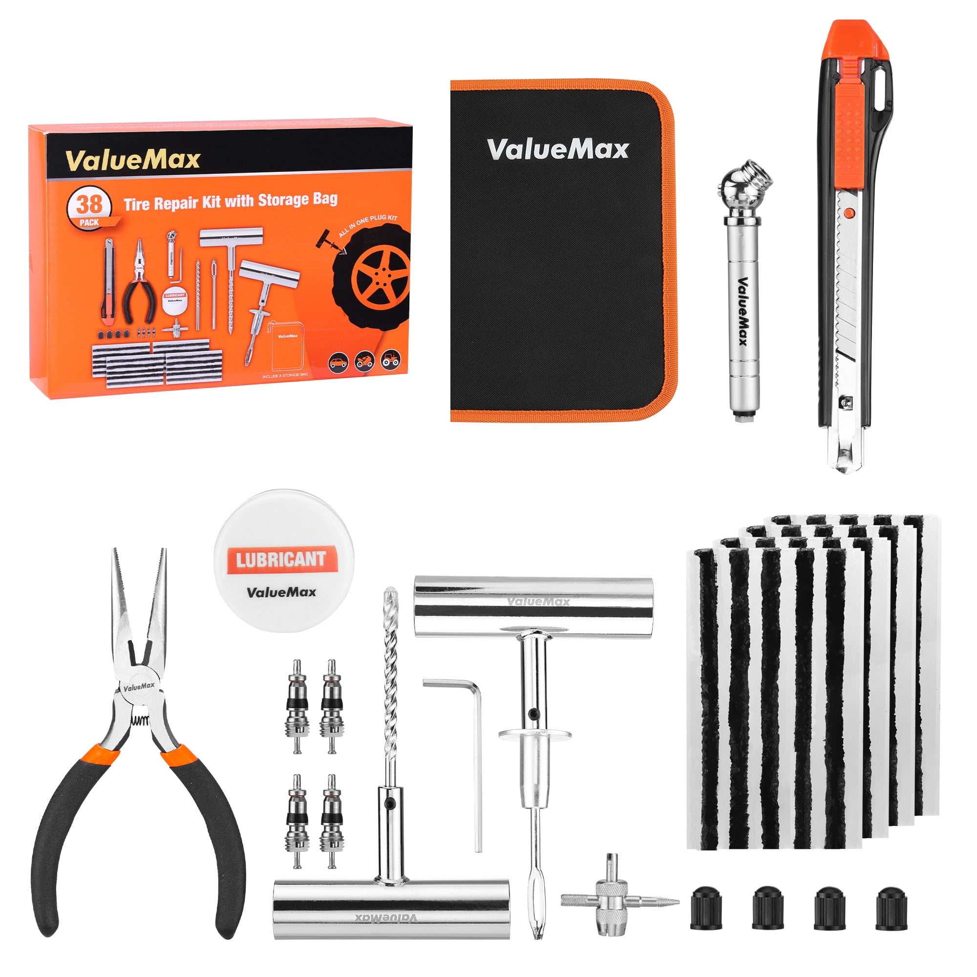 ValueMax Tire Repair Kit, Heavy Duty Puncture Repair Tools for Car, Truck, SUV, and Motorcycle (38-Piece Set) n7sgw