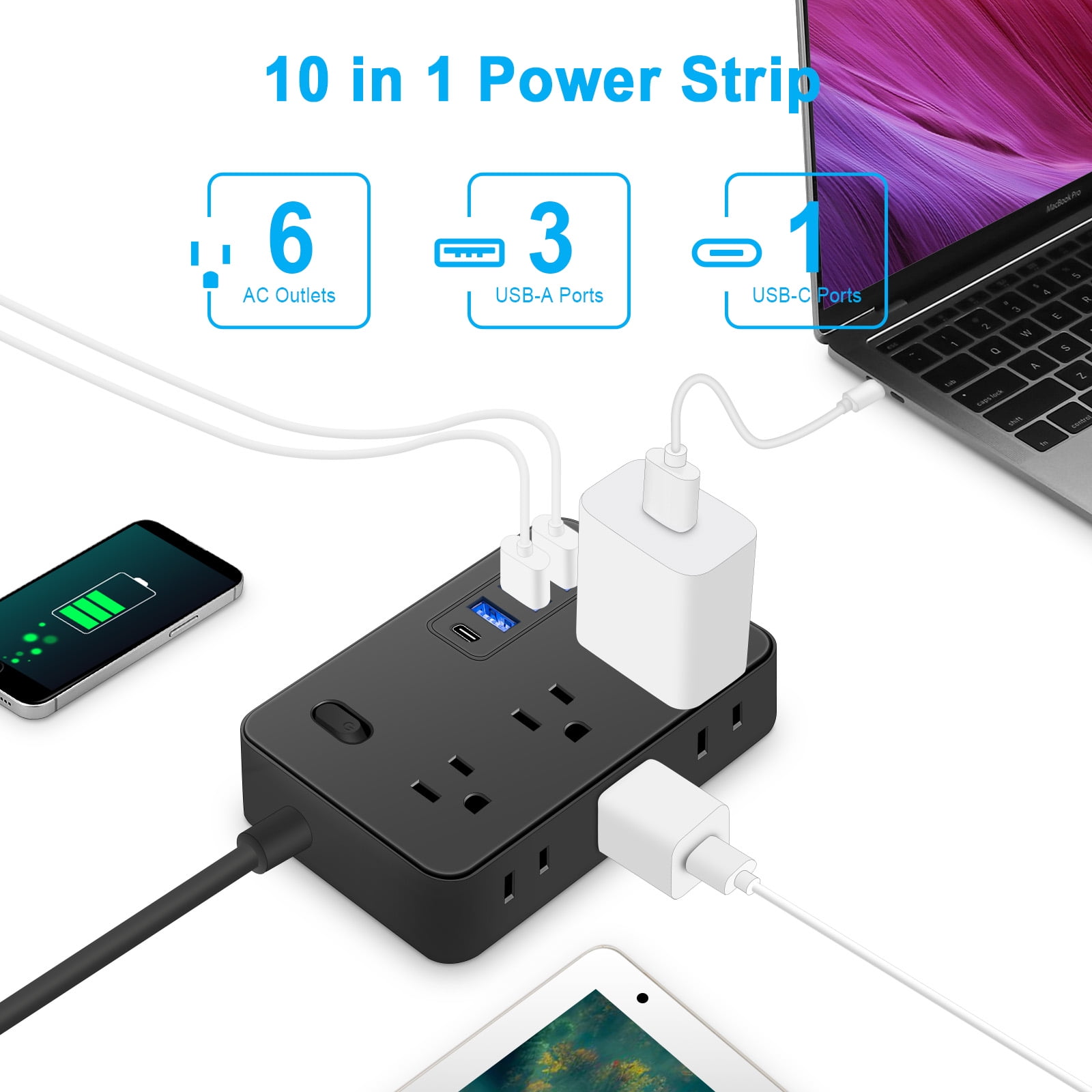 BOHASHIN Power Strip Extension Cord with 6 Outlets and 4 USB Charging Ports (Black, 15 ft) nkghq