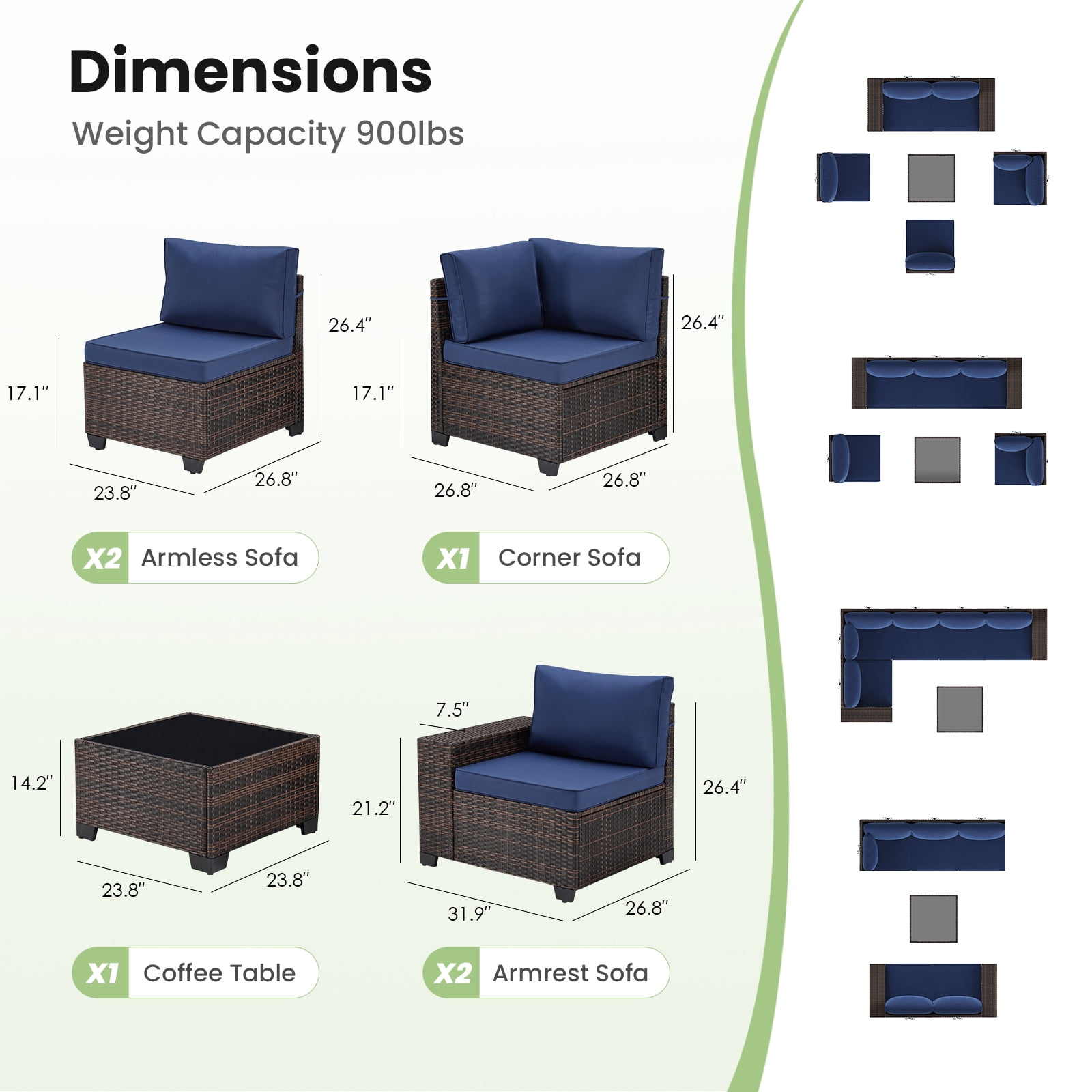STARY 6-Piece Outdoor Sectional Sofa Set with Wide Armrests, PE Rattan Patio Conversation Furniture (Blue, 6-Piece Set) qf0g7