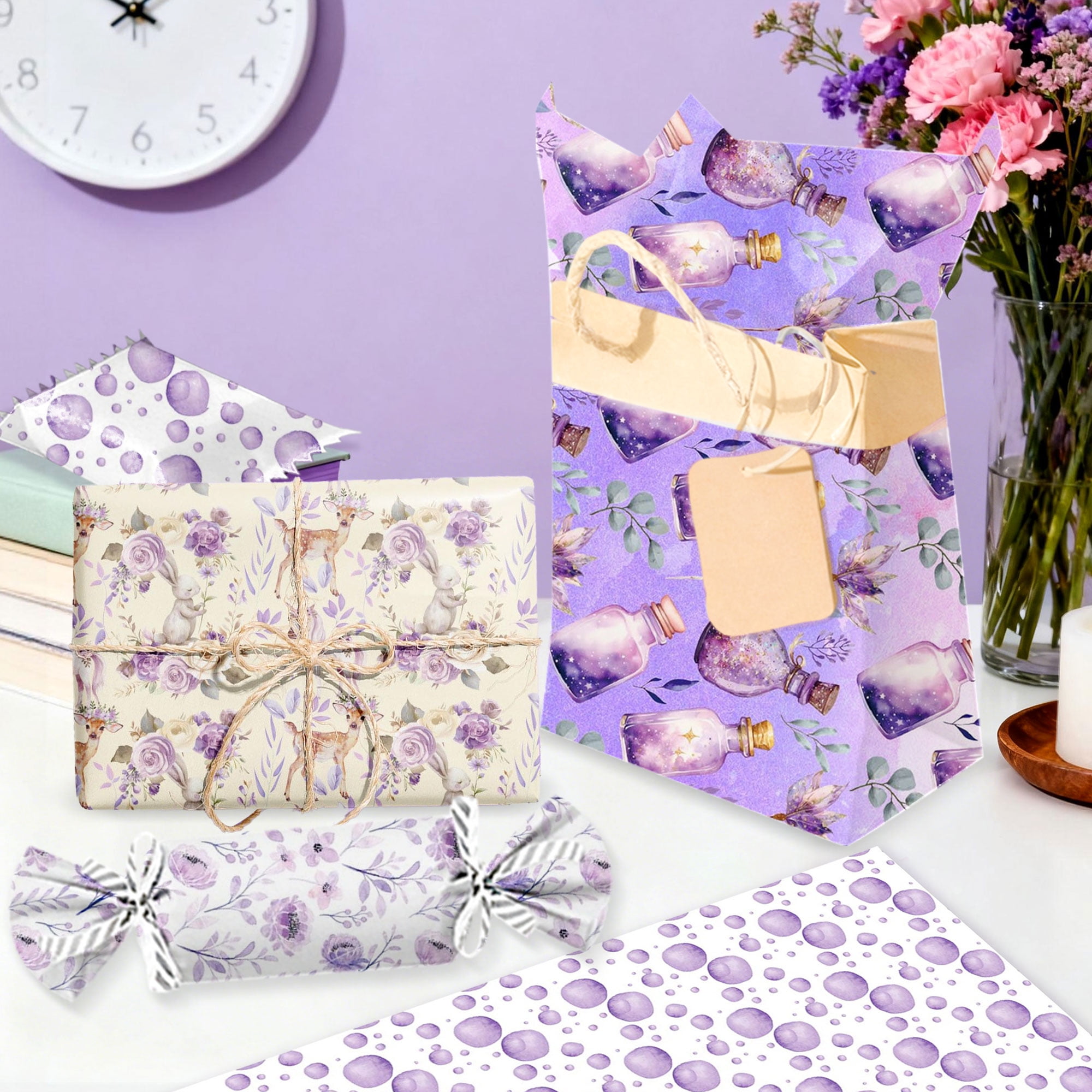 LaVenty Fairy Tale Gift Wrapping Paper - Whimsical Forest Design for Birthdays and Parties (Purple, 12 Sheets, 27 in x 20 in) wbfcn