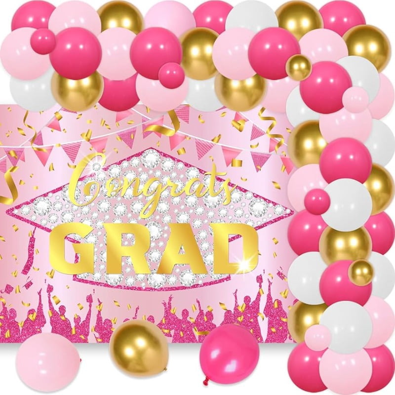 Joymemo 71-Piece Graduation Party Decoration Set, Pink and Gold Balloon Garland Arch Kit with Congrats Grad Backdrop (Pink, 71-Piece Set) tq3ya