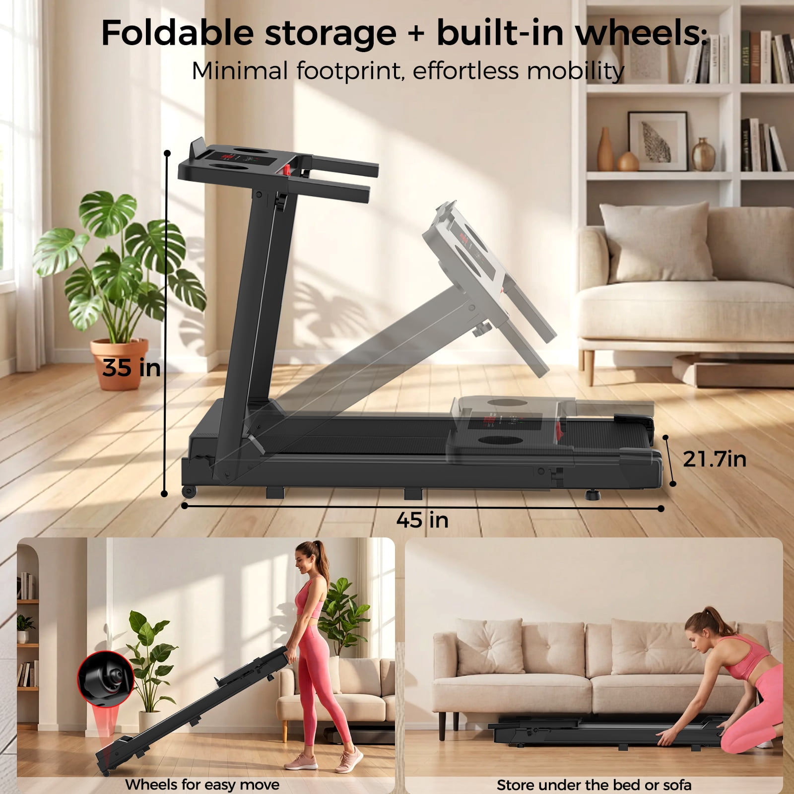 Tomile Folding Treadmill, 3.0 HP Walking Pad for Home Fitness, Compact Running Machine with LED Display (Black, 300 lb Capacity) nsnm6