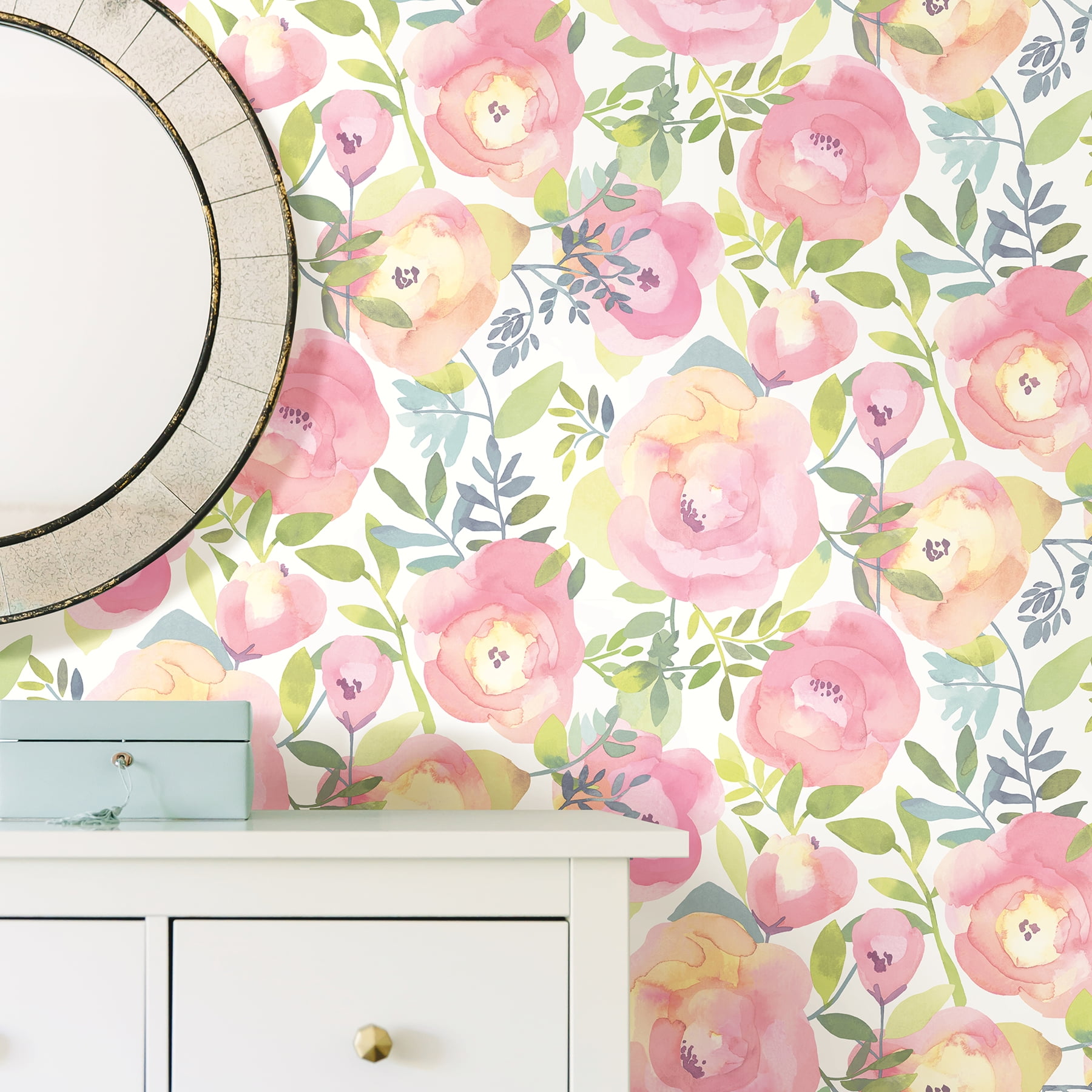 NuWallpaper Peachy Keen Floral Peel and Stick Wallpaper (Pink, 20.8 in x 216 in) 4jc22
