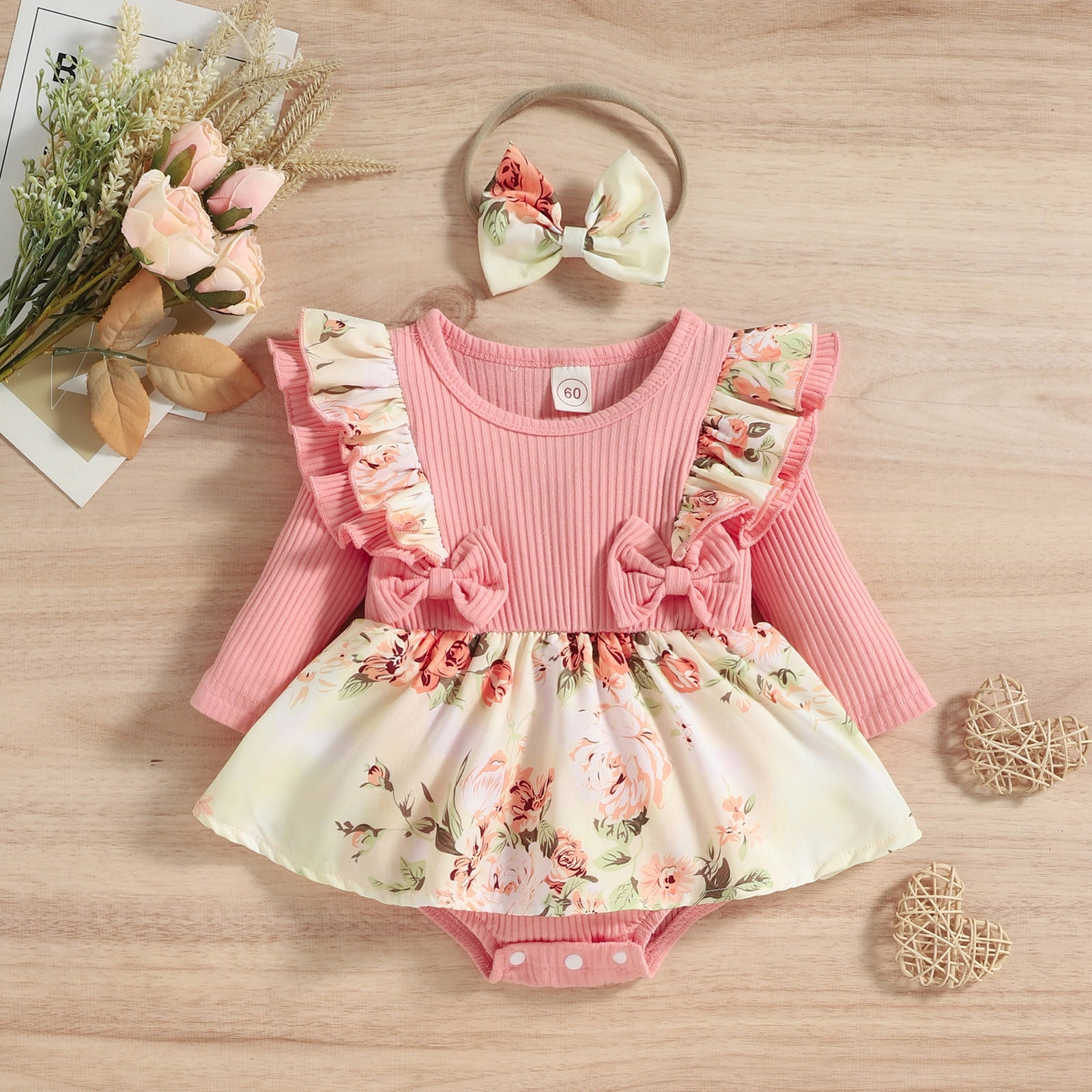 MANHUJI Infant Baby Girl Long Sleeve Floral Romper Dress with Headband Set (Pink, 9-12 Months) i3klt