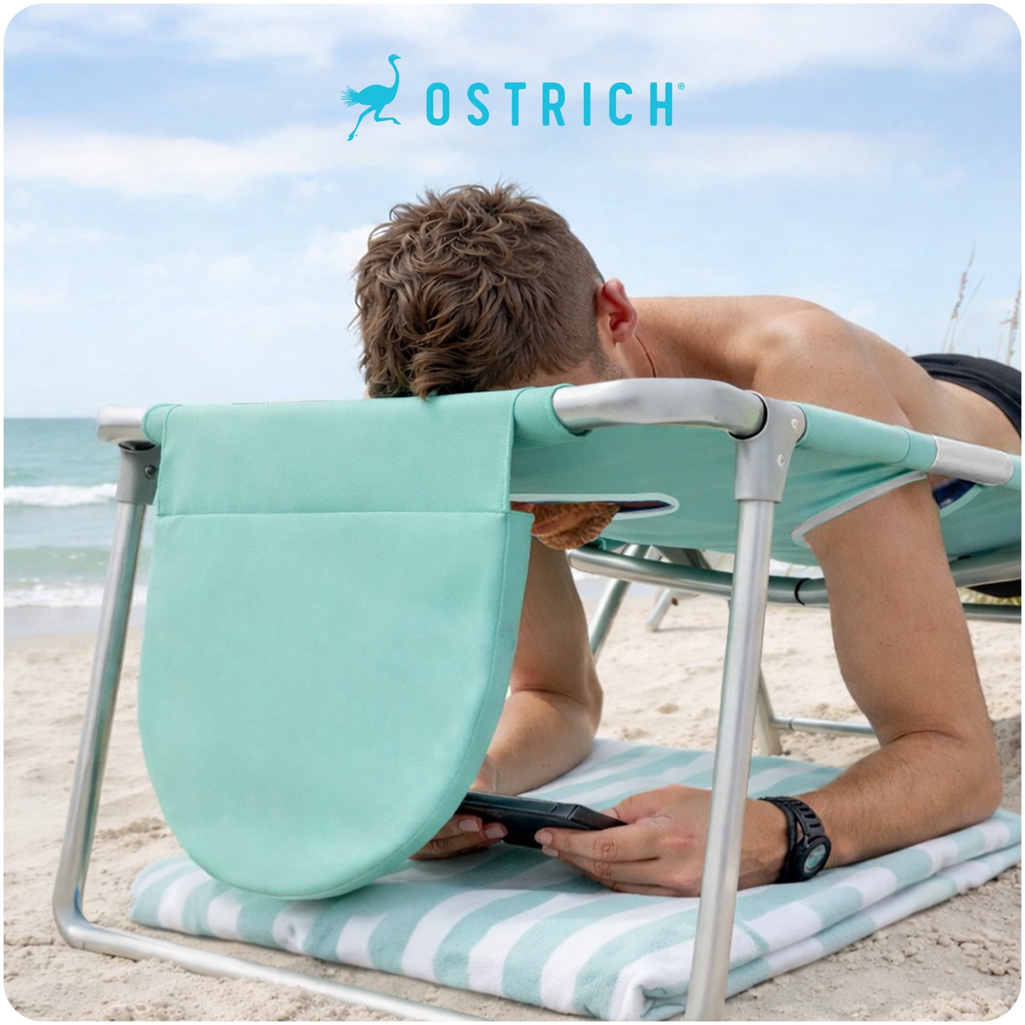 Ostrich On-Your-Back Outdoor Reclining Beach Chair with Face Cavity (Teal, 46 in x 27 in) q99kn