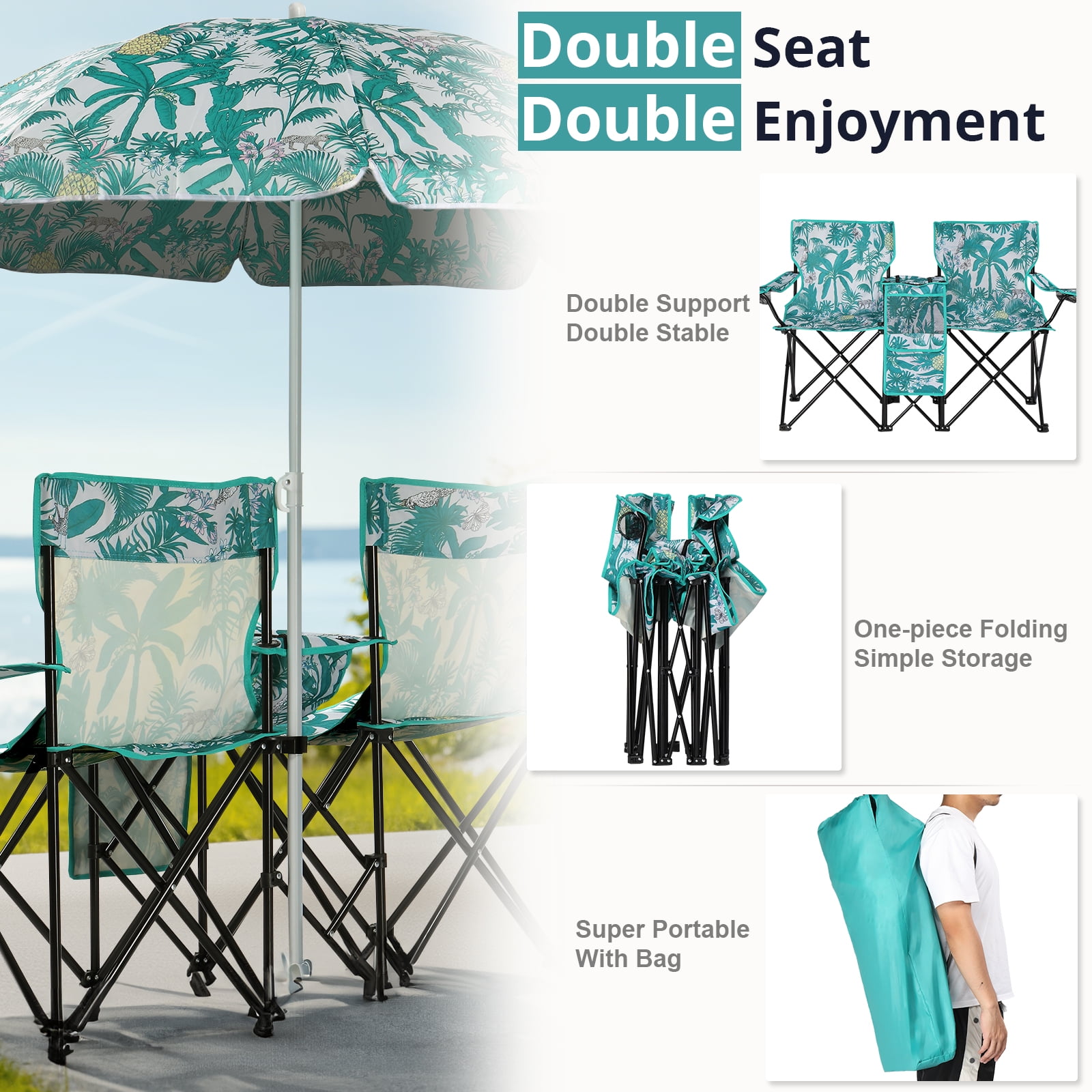 Zimtown Two-Seat Folding Beach Chair with Umbrella and Cooler (Green, 15.2 in Seat Height) s3a49