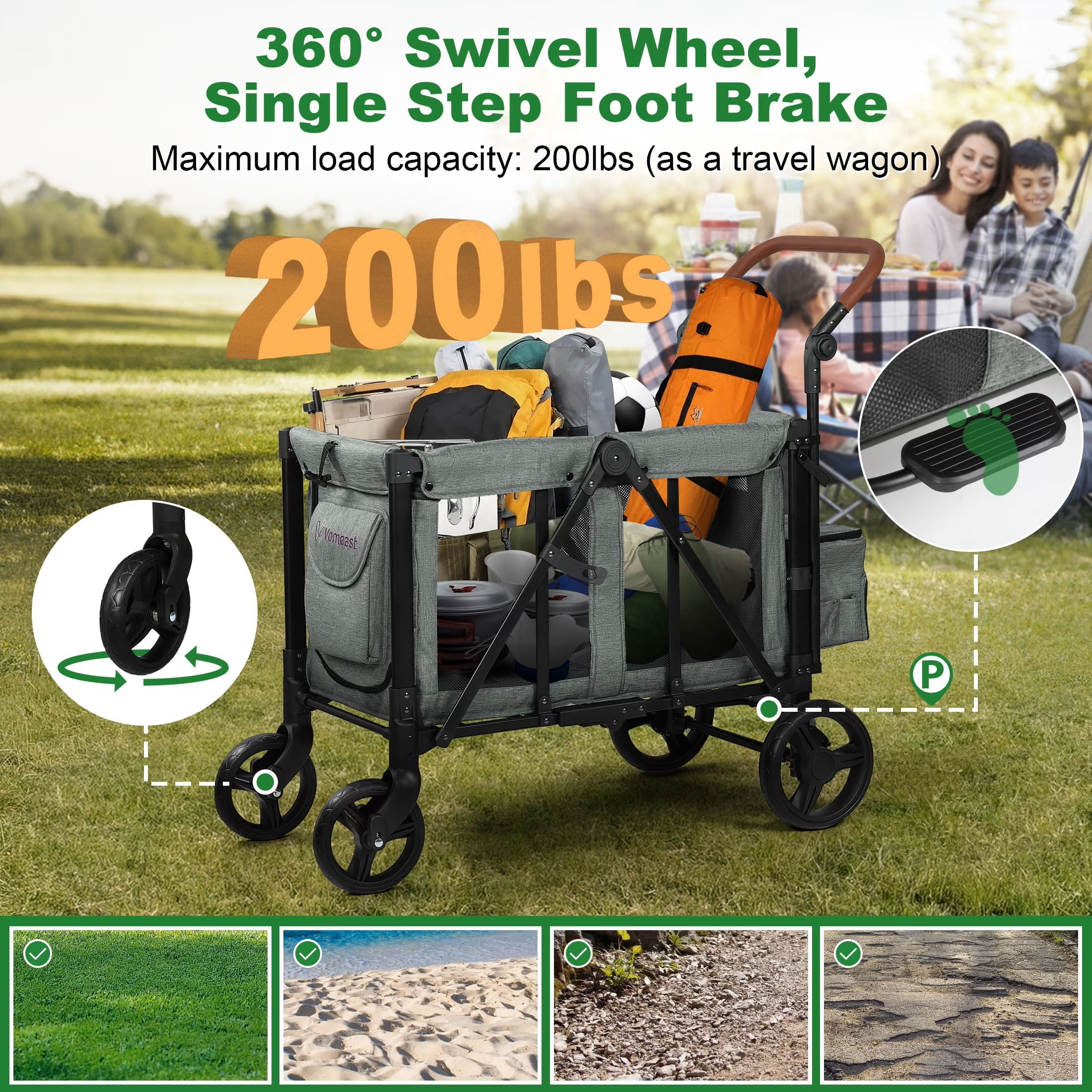 Vomeast 3-in-1 Wagon Stroller for 2 Kids, Outdoor Baby Stroller with Canopy and 5-Point Harness (Grey, 200 lb Capacity) 3b7gc