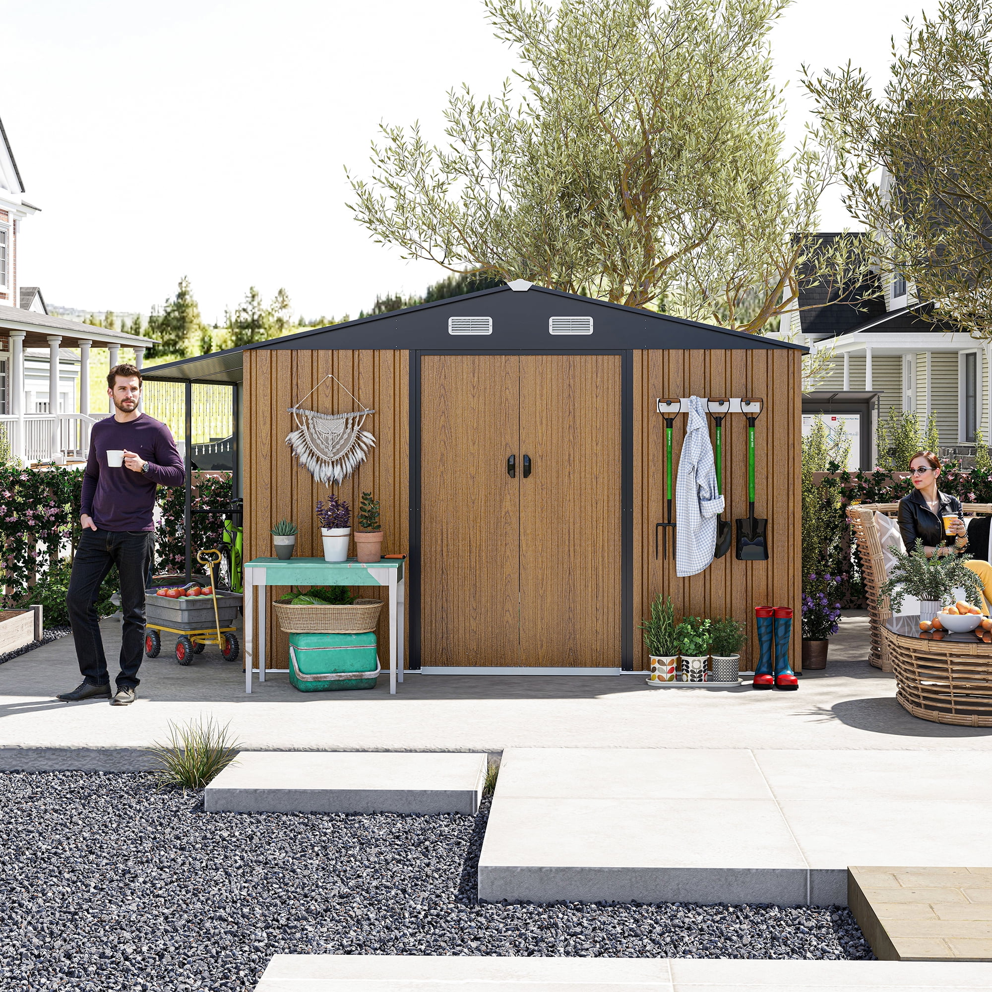 FFZ Outdoor Storage Shed with Firewood Bay and Lockable Doors (Yellow, 10 ft x 12 ft) s7b61