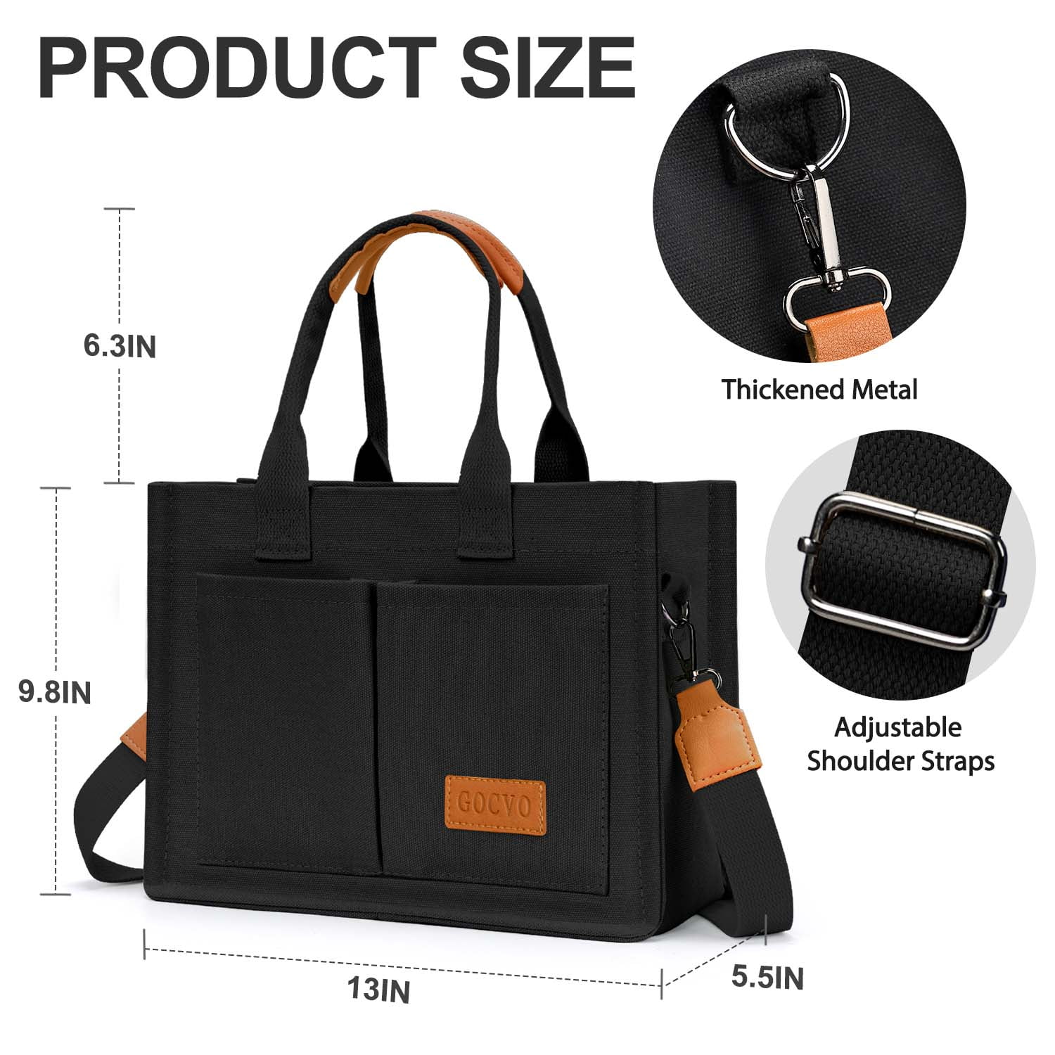 Gocvo Canvas Tote Bag for Women, Large Multi-Pocket Crossbody Handbag (Black, 15 in x 12 in x 5 in) ibyfq