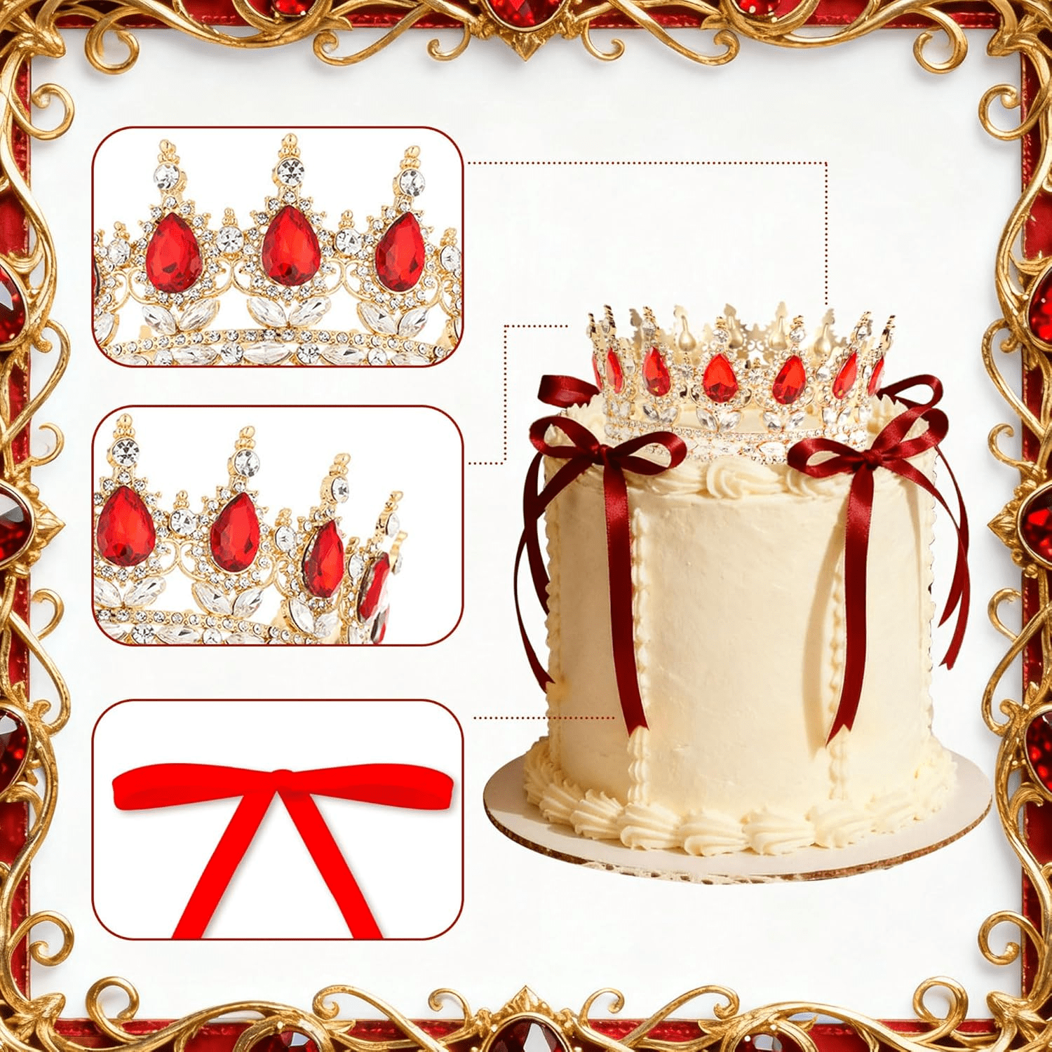 BACH AND BOUJEE Crown Cake Topper Set for Birthday Wedding Party (Red, 19-Piece) m0xhw