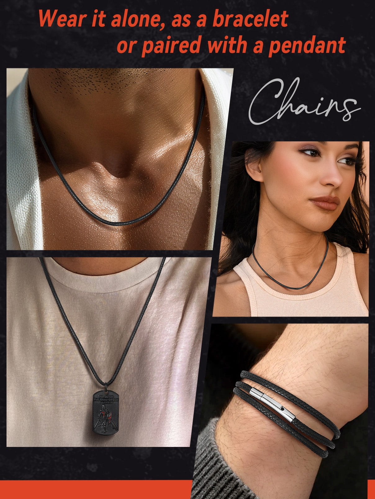 FaithHeart Braided Leather Cord Necklace for Men and Women, Waterproof Wax Rope Chain with Stainless Steel Clasp (Black, 20 in) 0r57a