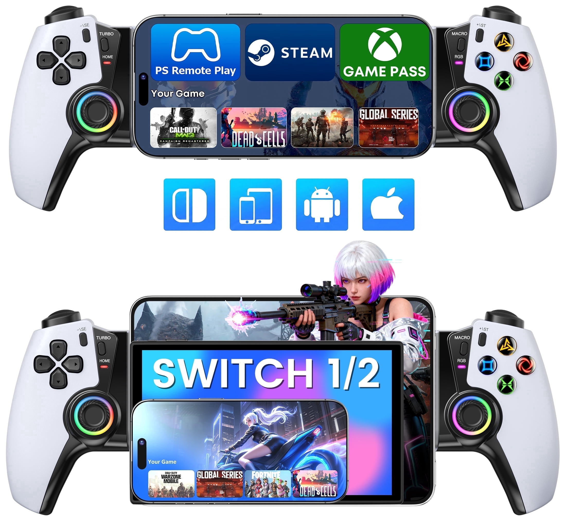 EUROA Mobile Gaming Controller for iPhone Android and Switch with Hall Effect Joysticks and RGB Lighting (White) eticu