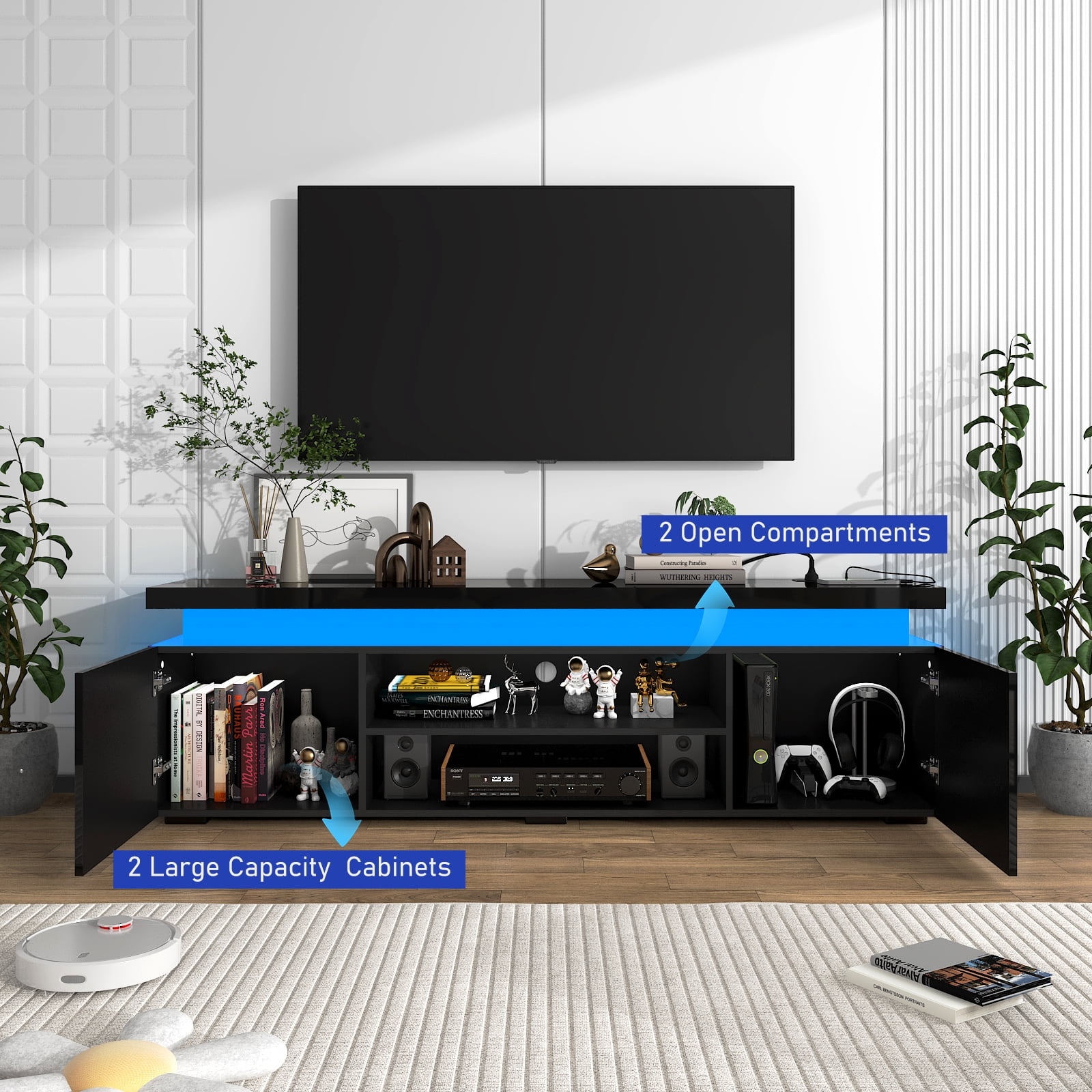 Chvans LED TV Stand for 85 in TVs with Power Outlet and RGB Lighting (Black, 75 in) 0xixa