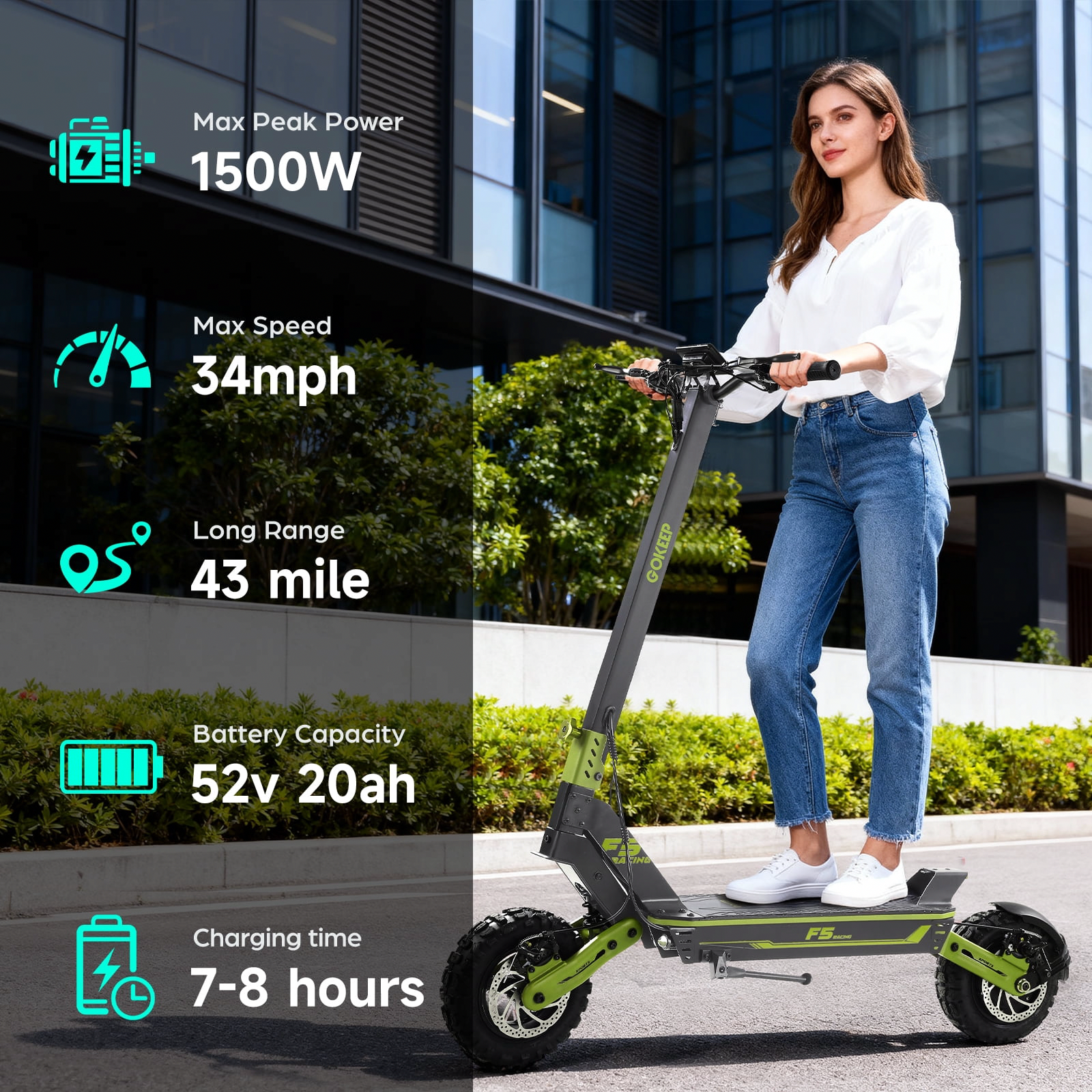 GOKEEP Electric Scooter for Adults, 1500W Motor, 43-Mile Range, 11-inch Off-Road Tires, Foldable Commuter Scooter (Green) 2zmnl
