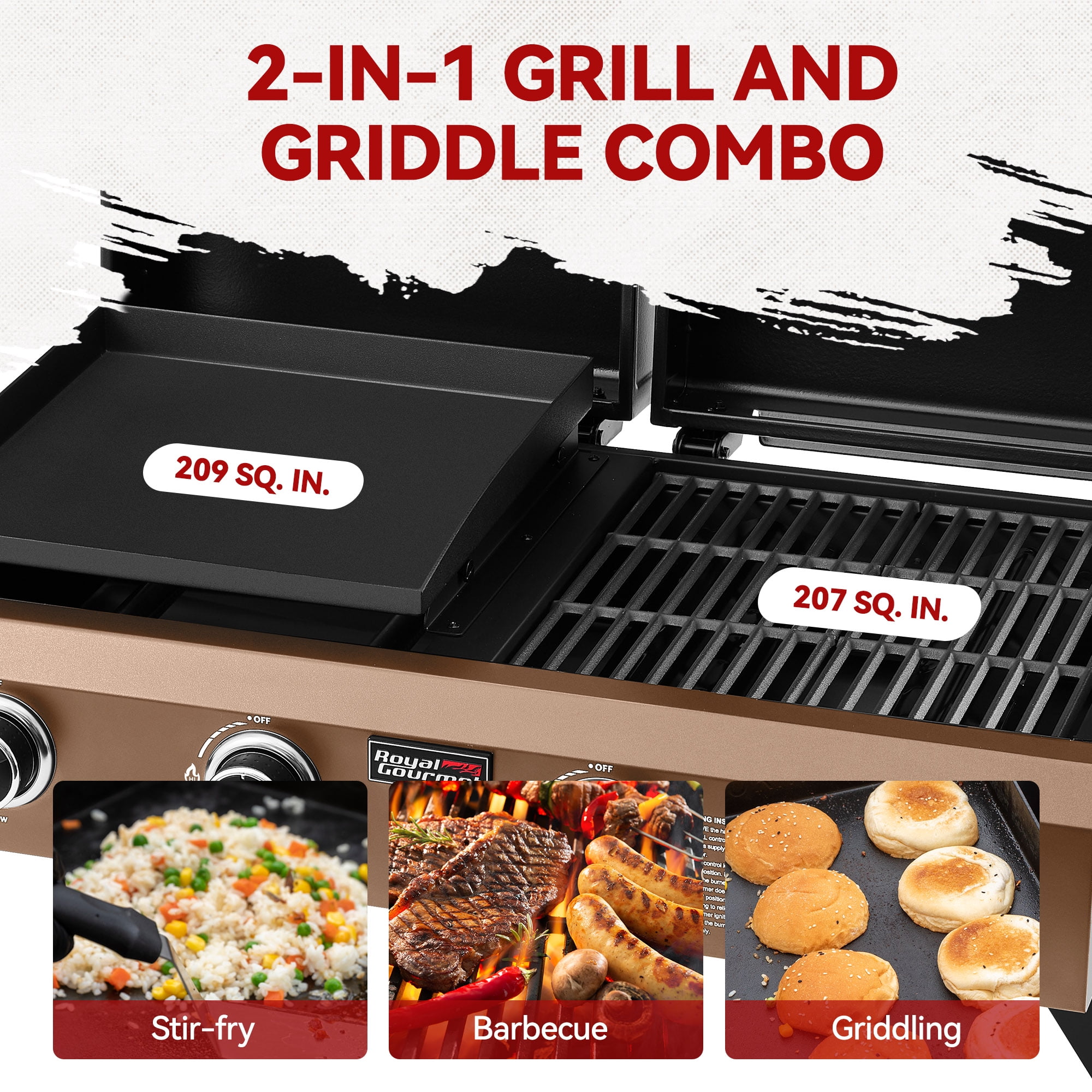 Royal Gourmet Portable Tabletop Grill & Griddle Combo with Hood, 40,000 BTU (Bronze Gold, 40.75 in x 20.28 in x 13.70 in) 0lg23