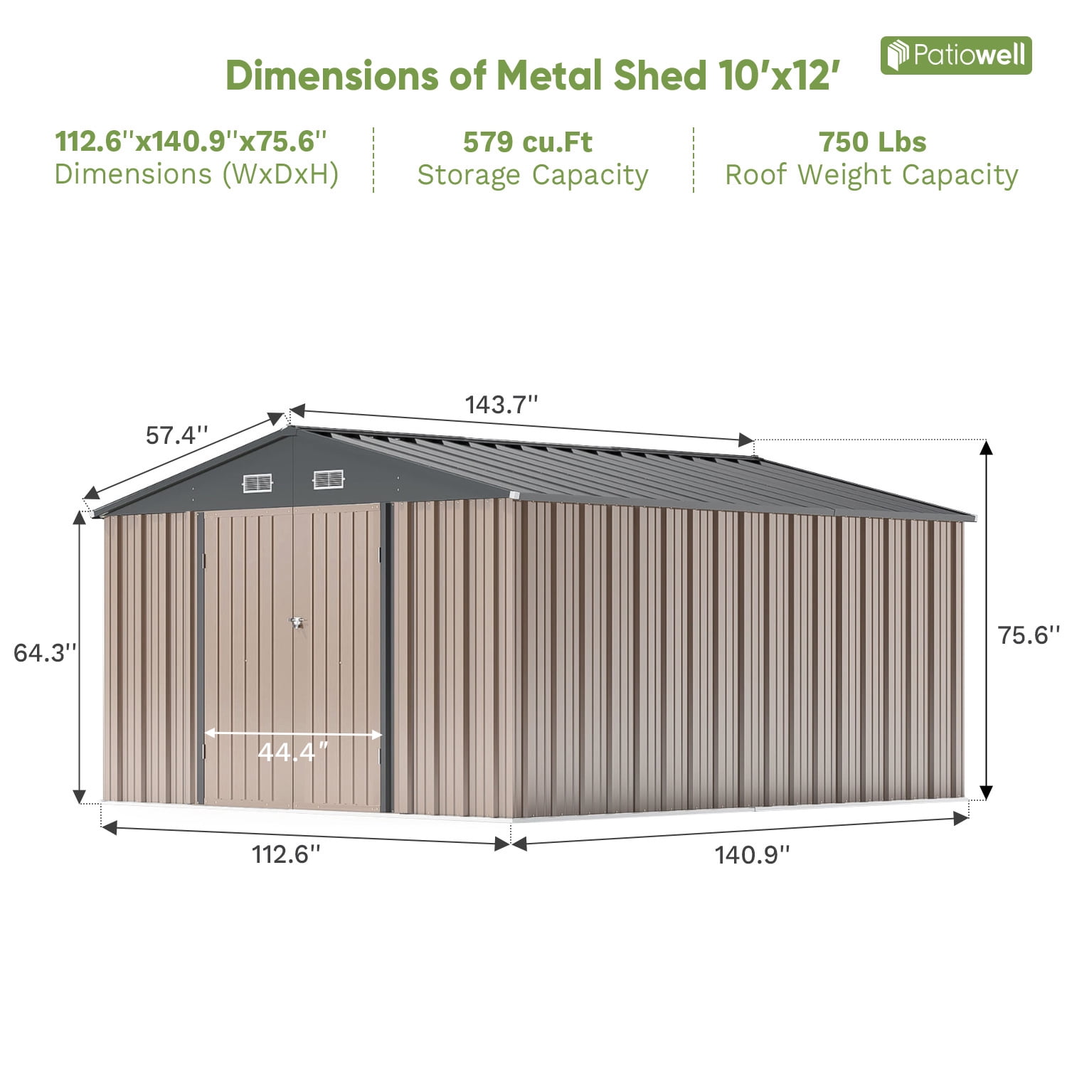 Patiowell Metal Outdoor Storage Shed, Weather-Resistant Garden Tool Organizer with Lockable Double Doors (Brown, 10x12 ft) la605